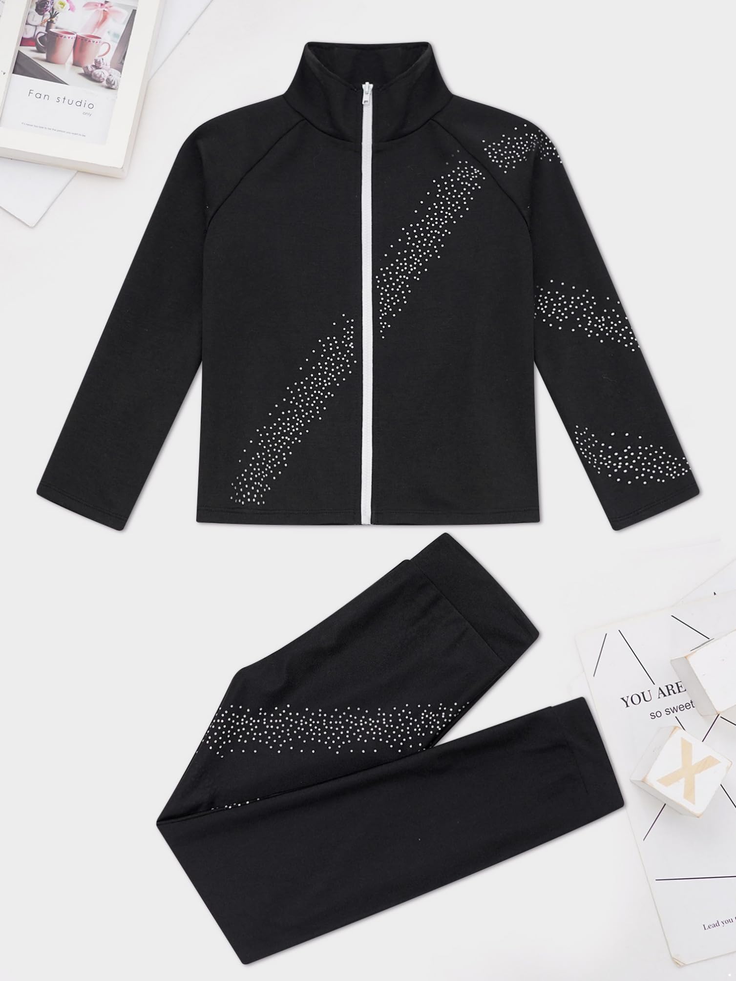 inhzoy Kinder Eiskunstlauf Anzug Mädchen Glitzer Eislaufen Jacke Hose Set