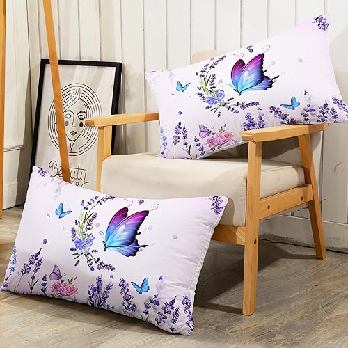 Miniatura 6 de AILONEN Juego de sábanas bajeras de tamaño matrimonial, diseño floral de lavanda floreciente, mariposa voladora, trae flores, juego de sábanas de 3