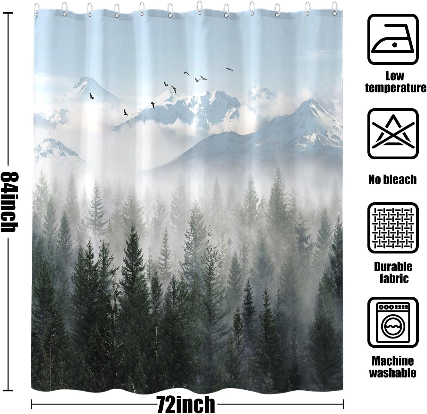 Extra Long 84 Inch Gray Misty Forest Shower Curtain Grey Nature Foggy Tree Mountain Shower Curtains for Bathroom Waterproof Fabric Woodland Decorative Modern Bath Curtain (Dark2, 72" x 84")