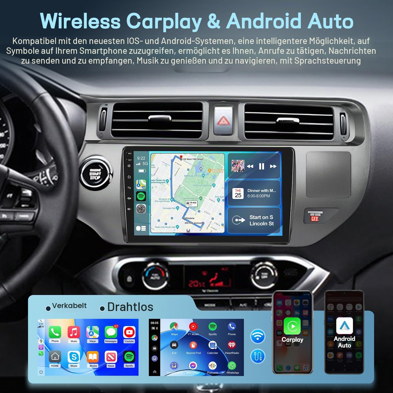 8 Core Qualcomm 4G+64G Autoradio für Kia Rio 2012-2015 mit Wireless Carplay & Android Auto, 9 Zoll Android Autoradio mit WiFi/GPS/Bluetooth 5.1/DPS Hi-Res/FM RDS Radio
