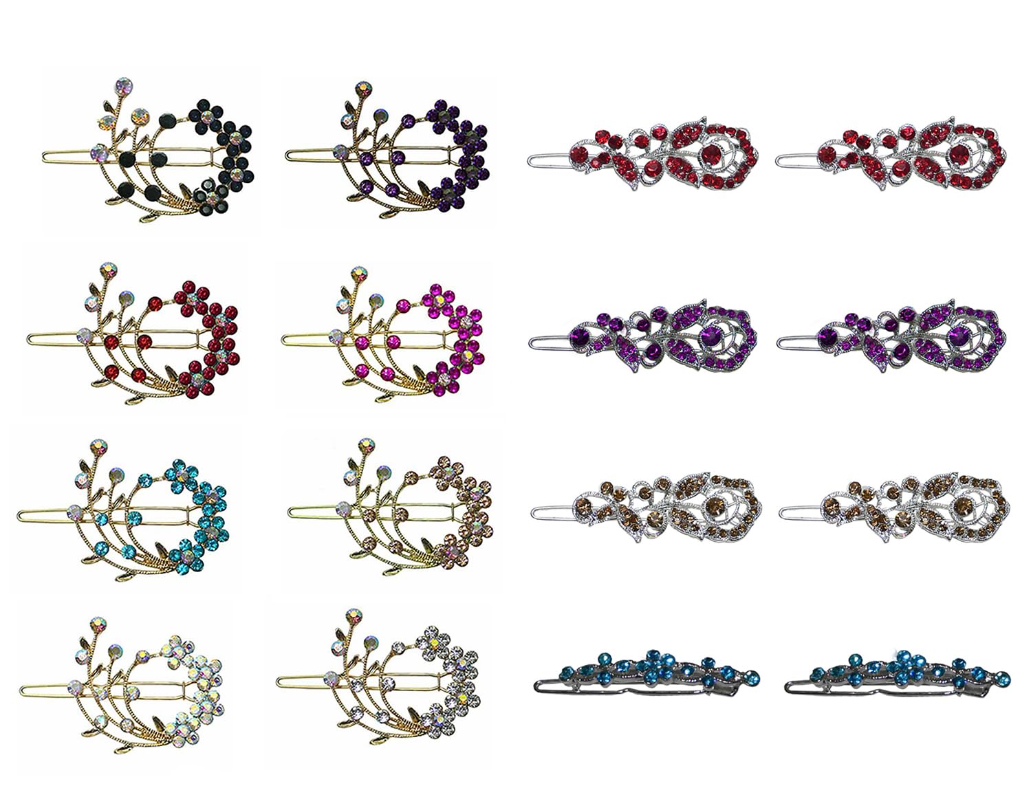 16 Piece Pack Crystal Snap Clip Hair Barrettes Combo 2 Styles. 8 Pc 8 Colors of a Garland Pattern. 2nd 8 Pc in Design of a Floral Paddle for Women Girls Hair Styling2108/2041-16