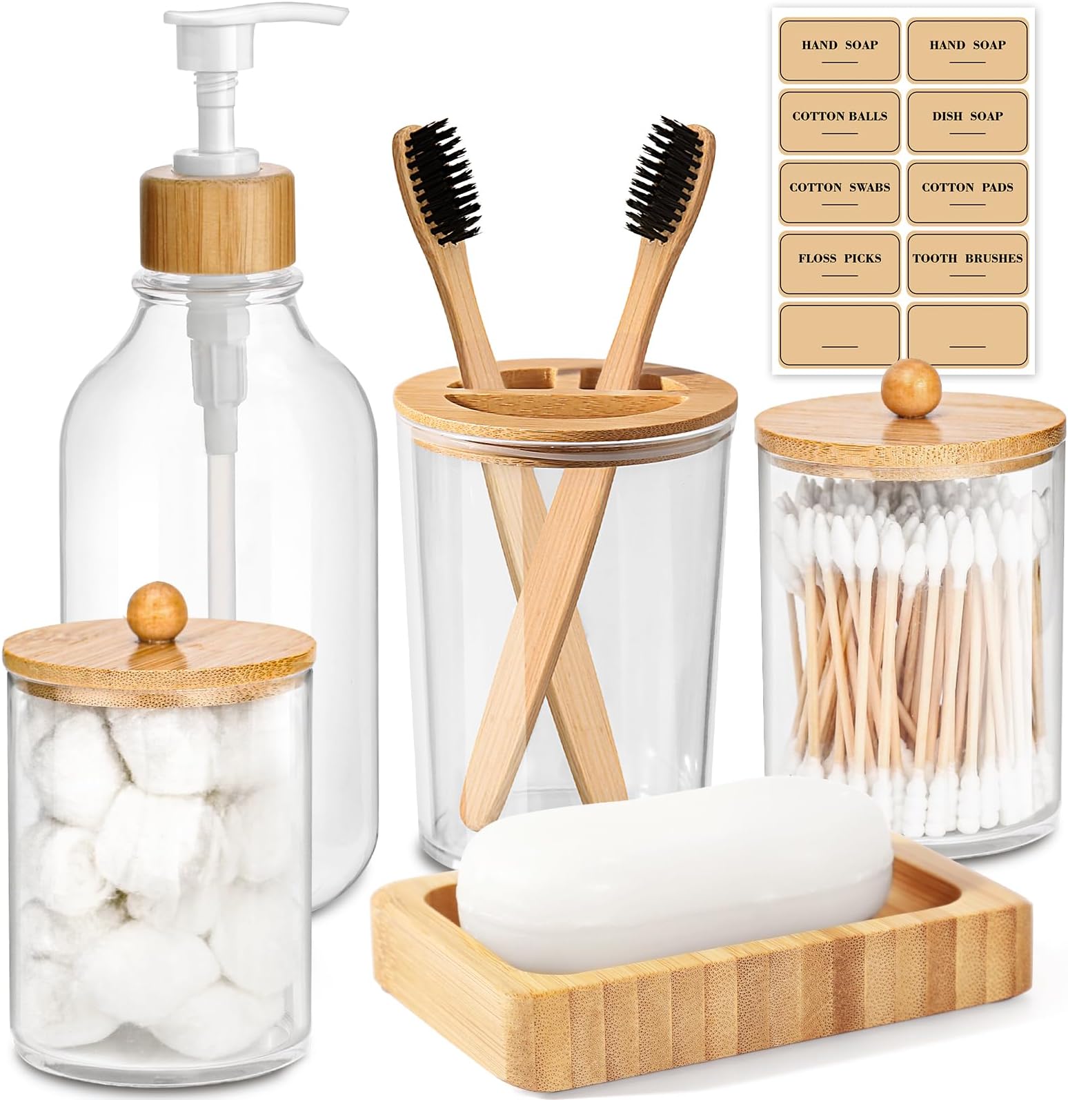 Bamboo Bathroom Accessory Set 5 Pcs, Boho Bathroom Accessories Sets Complete, Clear Bath Soap Dispenser and Toothbrush Holder Set, Soap Dish, Cotton Swab Jar, Boho Organizer
