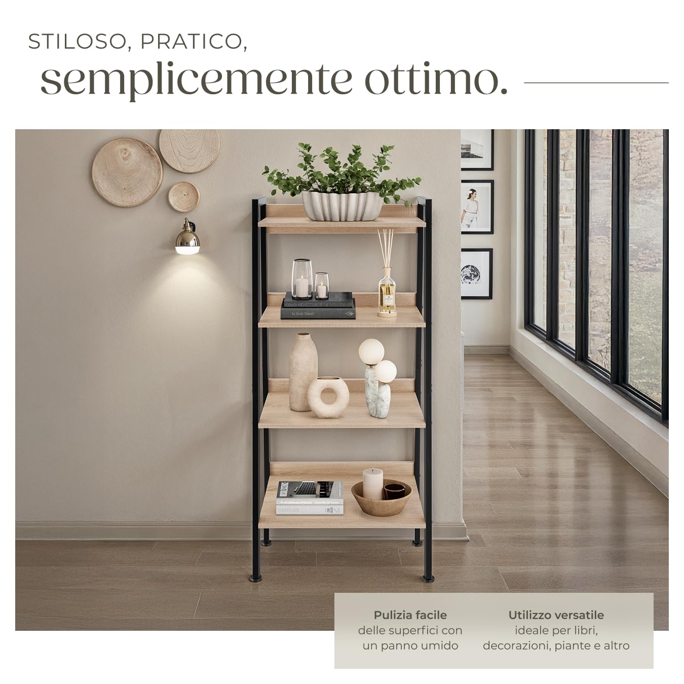 tectake® Scaffale a Scala, Libreria Verticale con 4 Ripiani, Struttura in Acciaio porta libri, Libreria Verticale, Facile Montaggio - 57,5x34x138 cm - Legno industriale chiaro
