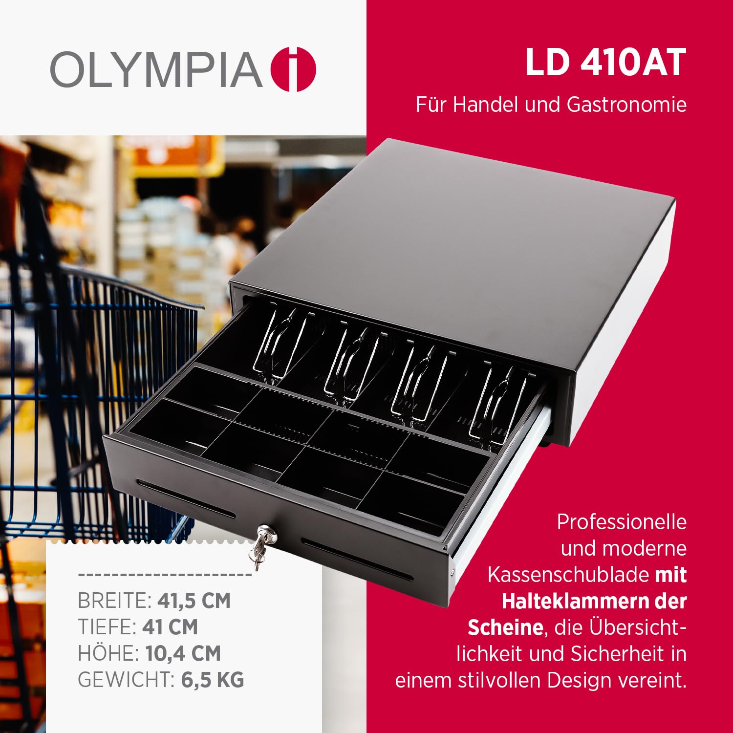Olympia LD 410AT Kassenschublade | Geldkassette abschließbar mit Einwurfschlitz | RJ12-kompatibel | 8 Münz- & 4 Scheinfächer + Halteklammern | Metallgeldbox für Handel & Gastronomie | 41,5x41x10,4 cm