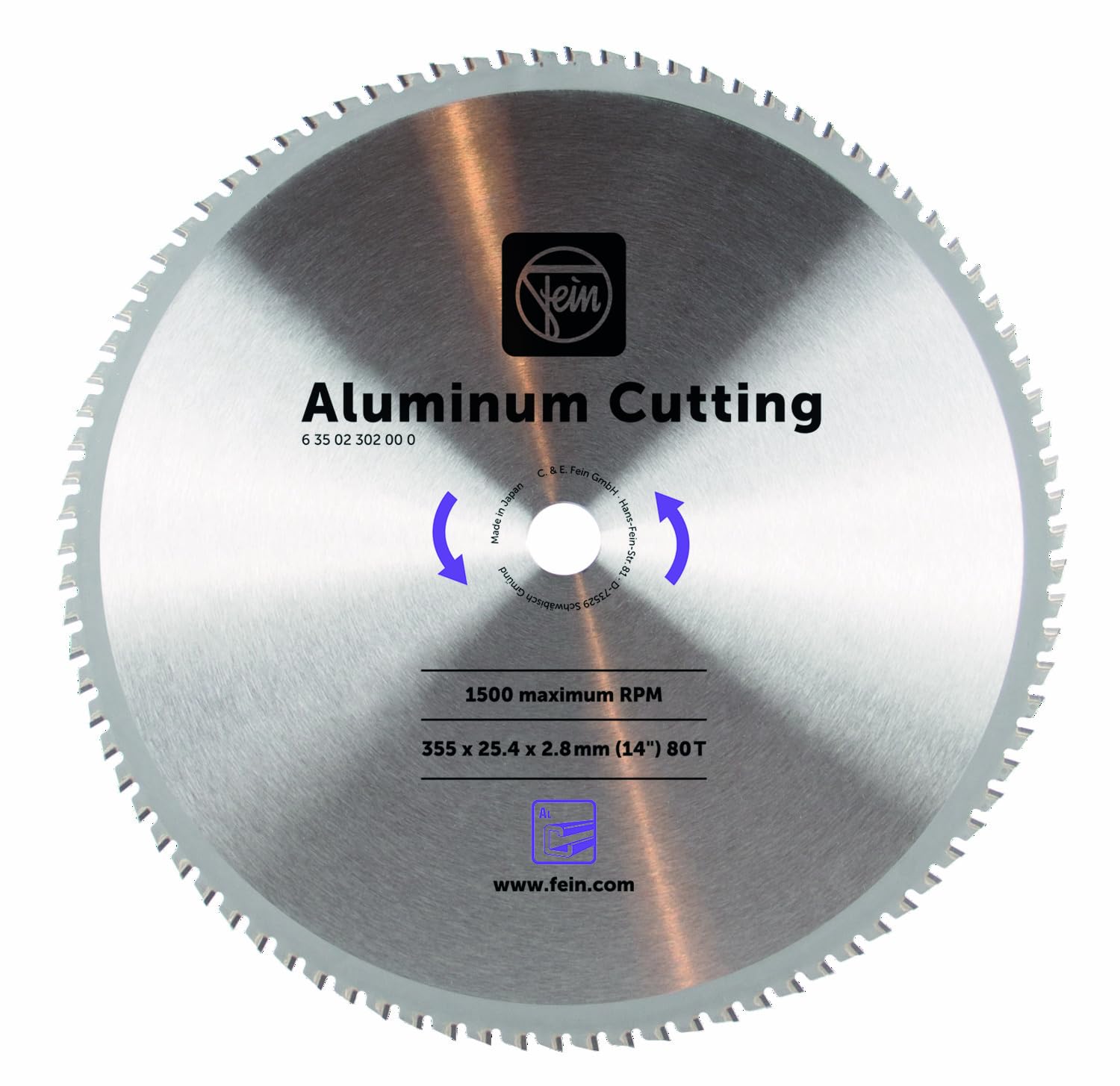 FEIN Aluminium Saw Blade Diameter 355 mm (Accessory for Metal Cutting Saw MKAS 355, Dimensions 355 x 25.4 x 2.8 mm, 80 Teeth) 63502302000