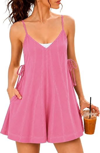Summer Deep V Neck Spaghetti Strap Tie Romper with Side Ties