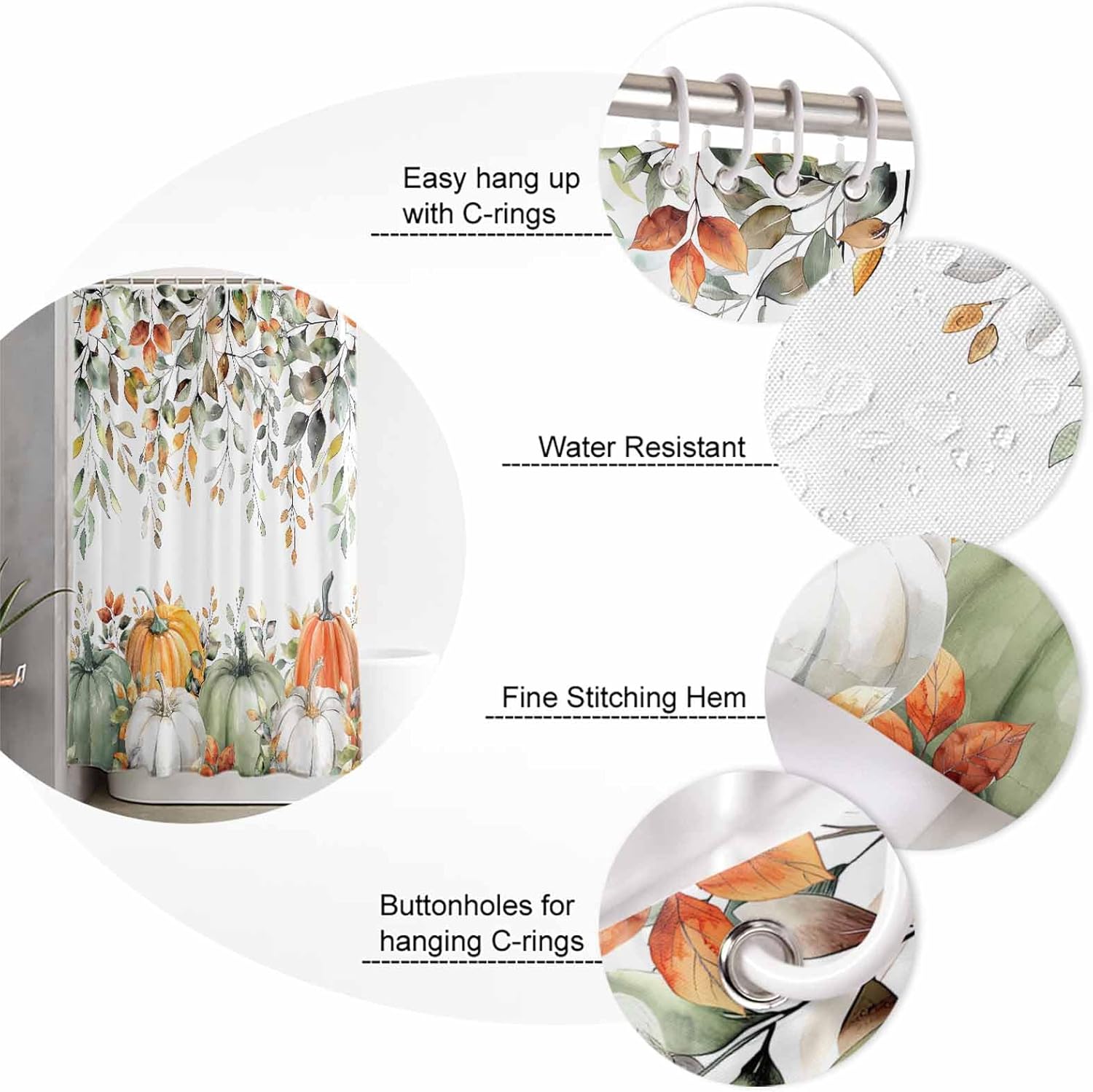 Fall Shower Curtain Sage Green Pumpkin Bathroom Curtains with Hooks, Waterproof Polyester Fabric Autumn Maple Leaves Harvest Thanksgiving Shower Curtains Set for Bathroom Bathtubs Holiday Decor 66x72