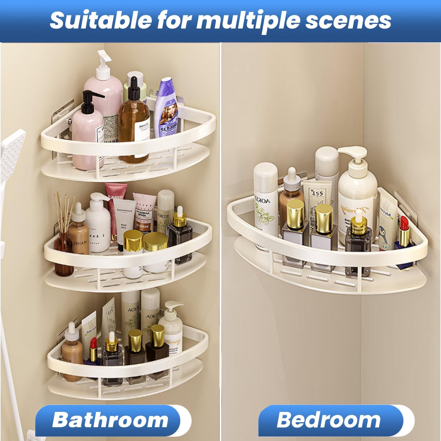 2LWAT Wall Mounted Shower Organizer, 2 Tier No Drilling Adhesive Shelf, Bathroom Shower Caddy with Hooks, Suction Cup, White