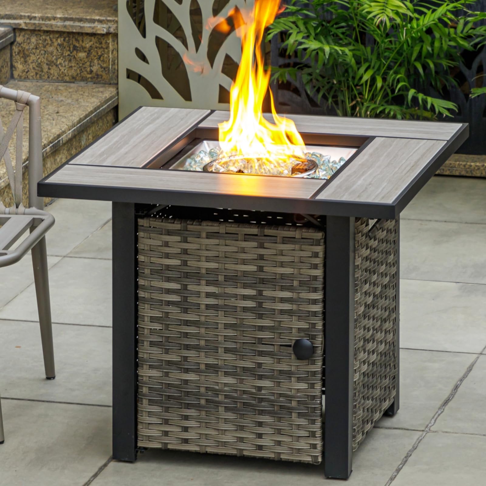 30" Propane Fire Pit Table with Real Ceramic Tabletop & Ratten Side Panel, 50000 BTU Gas Firepit Table with Lid & Glass Rock, Outdoor Fire Pit for Dining or Party, Firepit for Outside, Patio