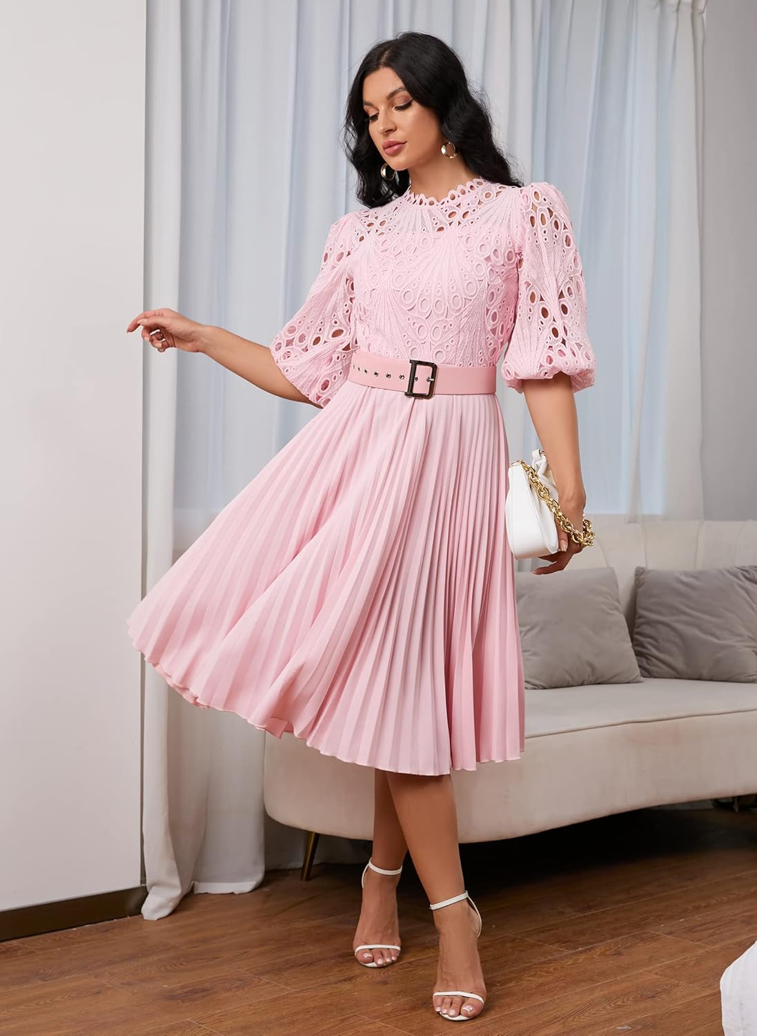 IWFEV Lace Pleated Dress Puff Sleeve Mid-Calf Short Sleeve Midi Dress Hollow Party Evening Dress - Image 6