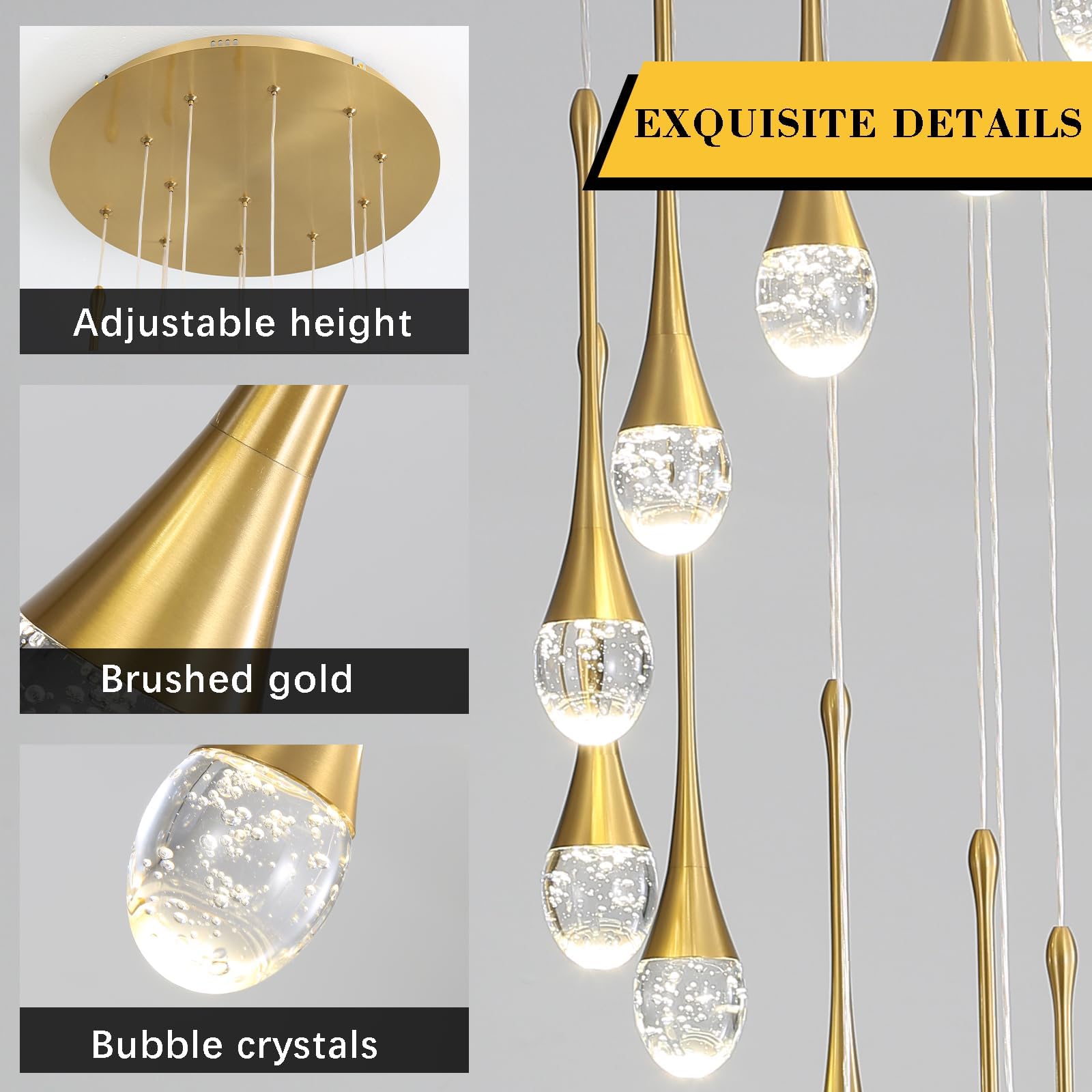 Candelabros colgantes de cristal de gota de agua de oro de 12 luces 120 '' / 305 cm Vestíbulos de techo alto Candelabros de entrada Escalera Gran burbuja de cristal 3000-6000K Dimmbale Accesorios