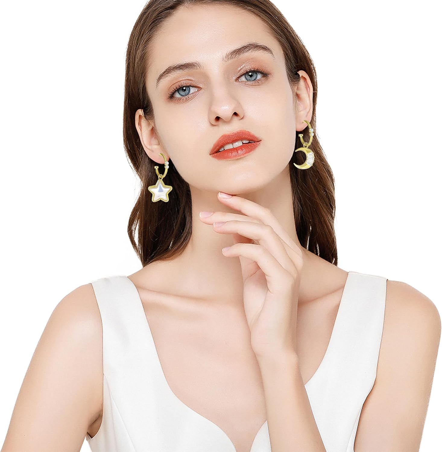 Gold Earrings for Women, 14K Gold Plated Moon Star Earrings Hypoallergenic Fashion Drop Dangle Hoop Stud Cubic Zirconia Jewelry - Image 2