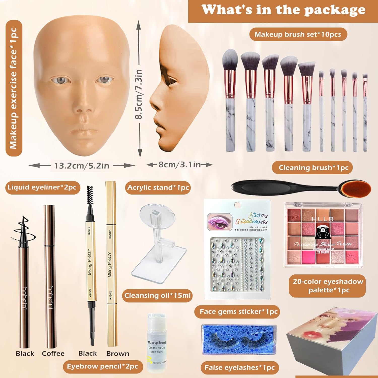 Makeup Mannequin Face Kit, Silicone Face for Makeup Practice Full Face for Must Haves, Mannequin Eye Face for Makeup Practice with Makeup Brushes Set & Eye Shadow & Eyebrow Pencil(Wheat) - Image 2