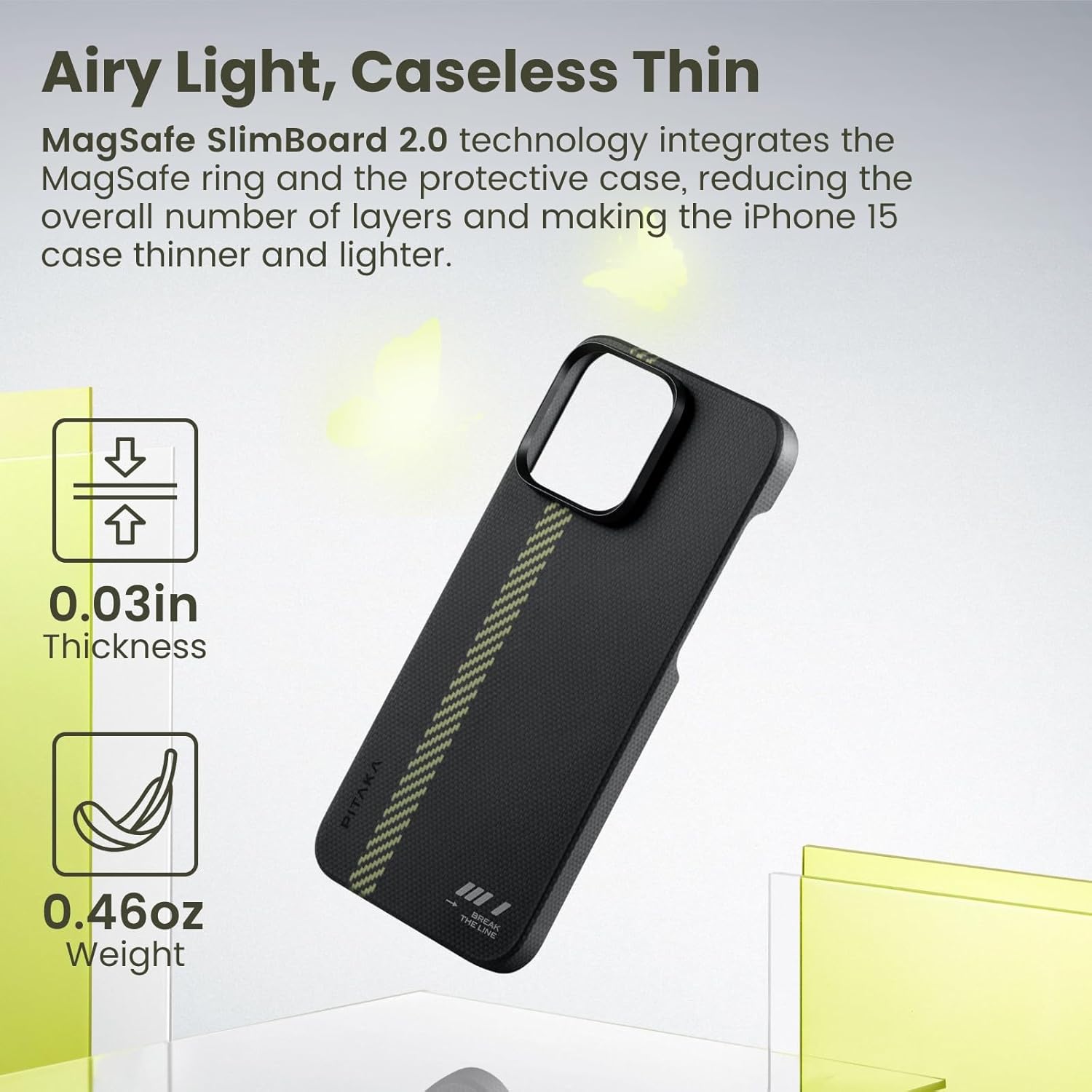 pitaka Case for iPhone 15 Pro Compatible with MagSafe, Slim & Light iPhone 15 Pro Case 6.1-inch with a Case-Less Touch Feeling, 600D Aramid Fiber Made [MagEZ Case 5 - Break The Line]