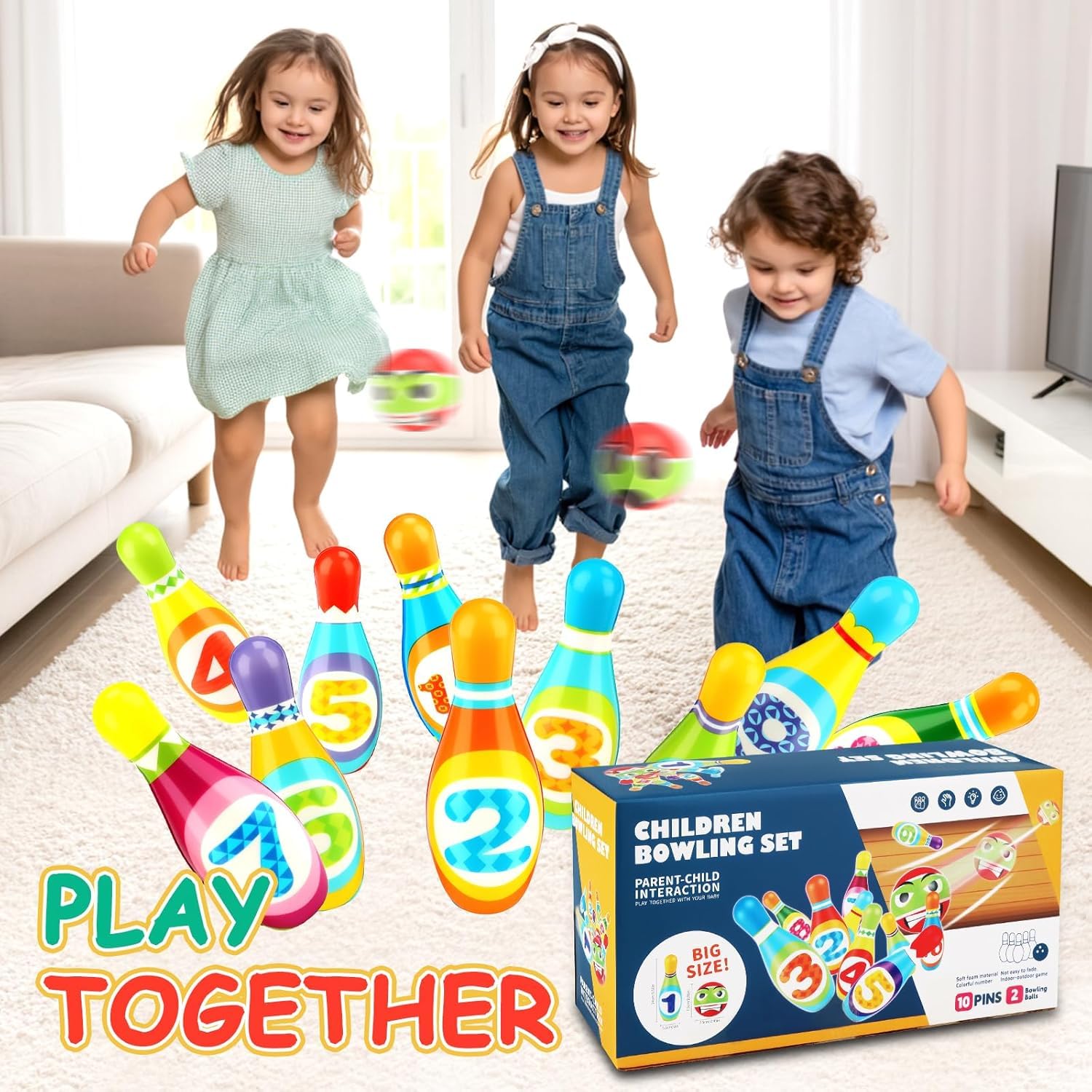 Bowling Enfant,Jeu de quilles pour Enfants,Jouets Montessori,10 Quilles Colorées + 2 Balles en Mousse,Idée Cadeau pour Garçons et Filles (à partir de 3 Ans)