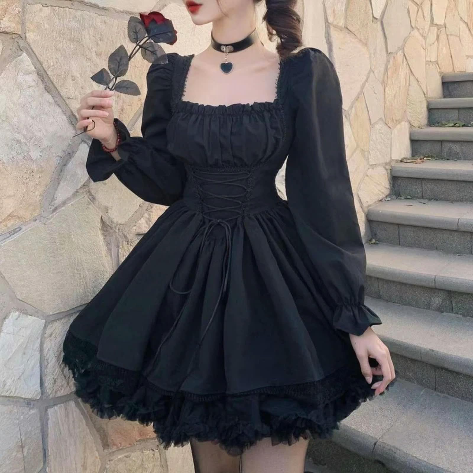 Robe Blanche à Manches Longues en Dentelle Gothique Noire Patchwork Streetwear col carré-Noir-L