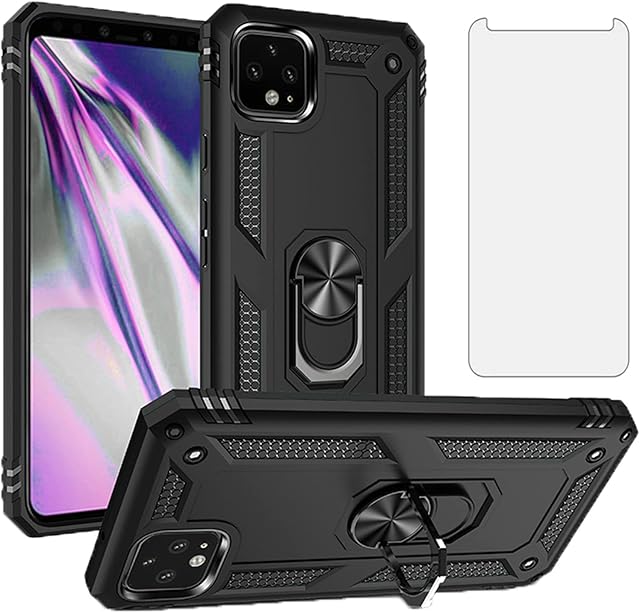 Asuwish Compatible with Google Pixel 4 XL Phone Case with Tempered Glass Screen Protector Cover and Stand Ring Holder Hard Shockproof Magnetic Heavy Duty for Pixle 4XL Pixel4XL 4LX LX Women Men Black
