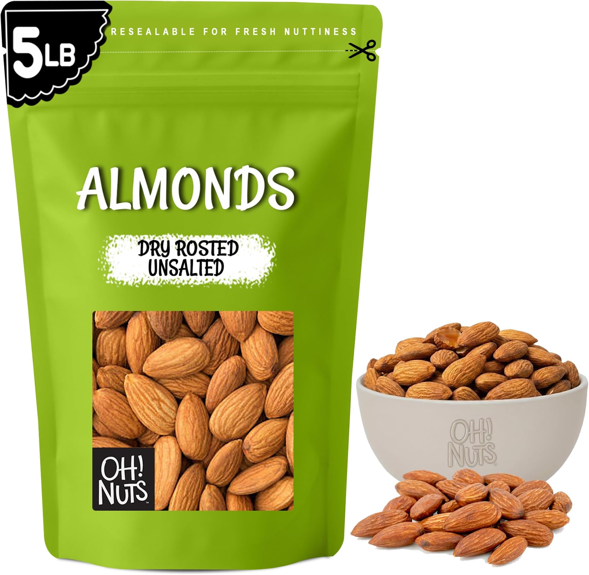Oh! Nuts Almonds - Dry Roasted Unsalted Almonds - 5 lb - No Salt, No Oil All-Natural Protein - Packed in New York Zip-Seal Bag for Exceptional Freshness