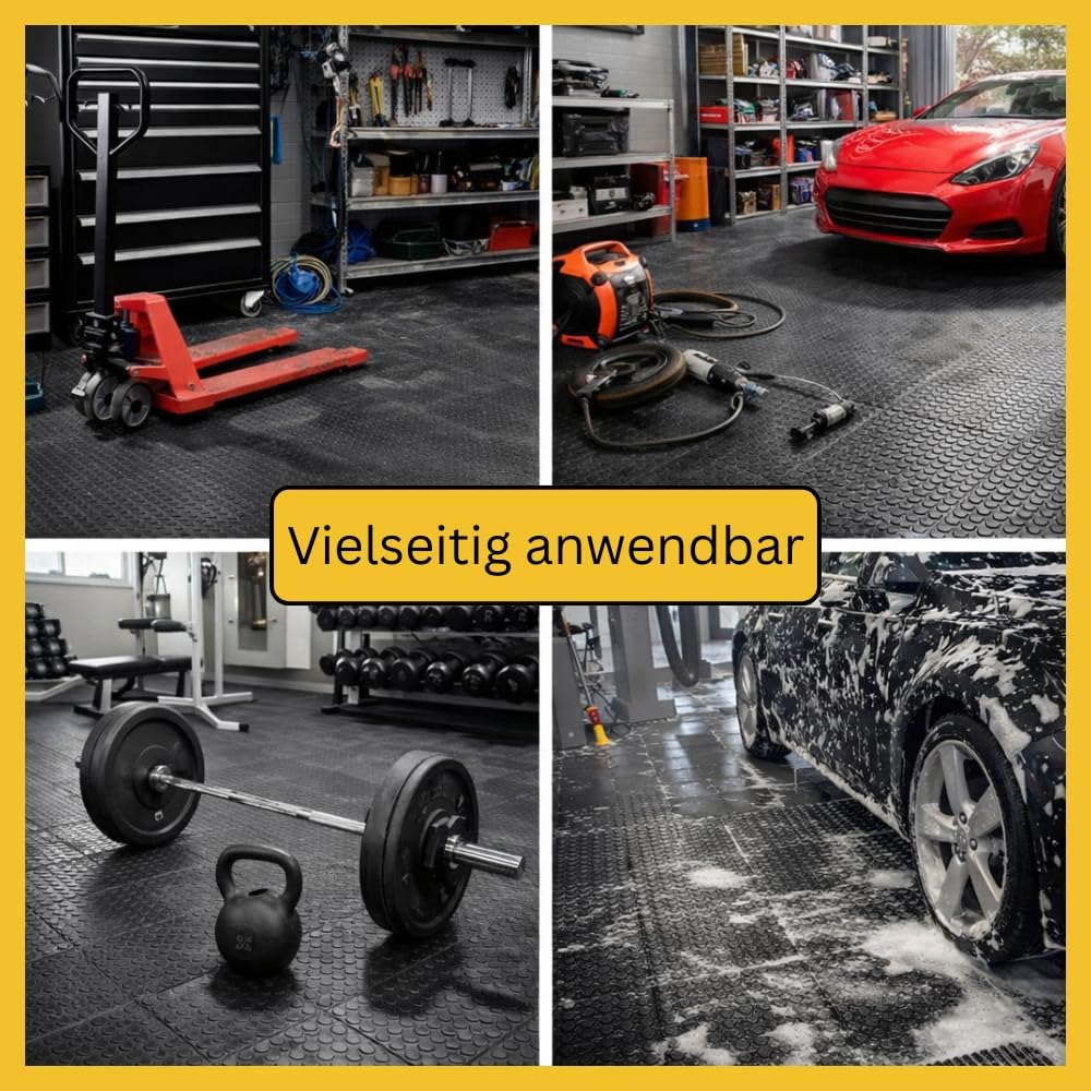 10x Klickfliesen Bodenplatte Kunststoff Garage Garagenboden Klickfliesen Werkstattboden PVC Fliesen Garage Industrieboden Platten Gewerbeboden Fliesen Noppen Schwarz