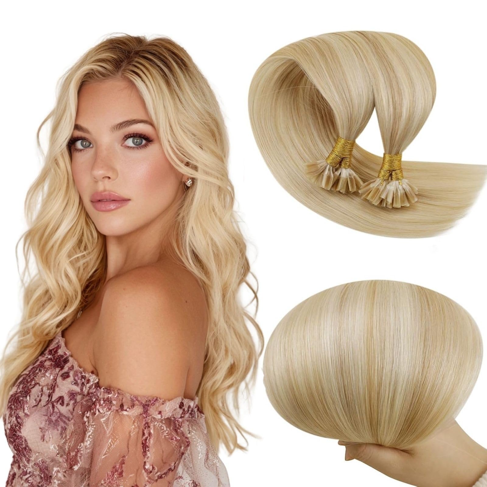 RUNATURE Blonde Highights U Tip Hair Extensions Real Human Hair Can be Dyed | 16 Inch 50G 50S, K Tip Pre Bonded Hot Fusion, Soft Silky Hair for Women,
