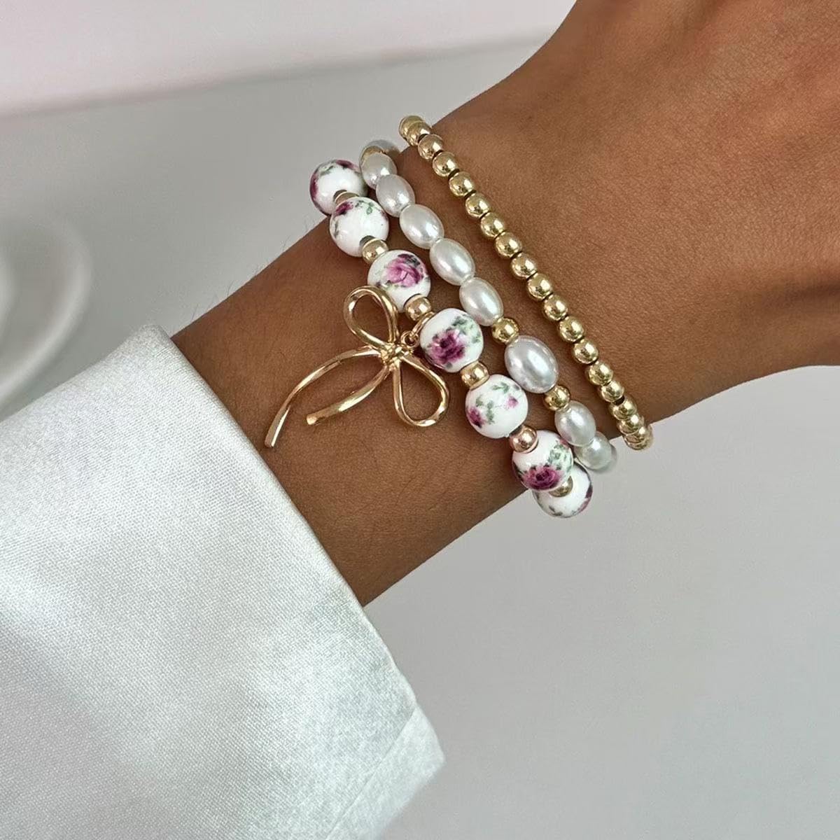 Gold Bow Bracelet Set for Women Beaded Bow Bracelet Stackable Stretch Bead Ball Bracelets Pearl Bracelets Fashion Jewelry for Women - Image 3