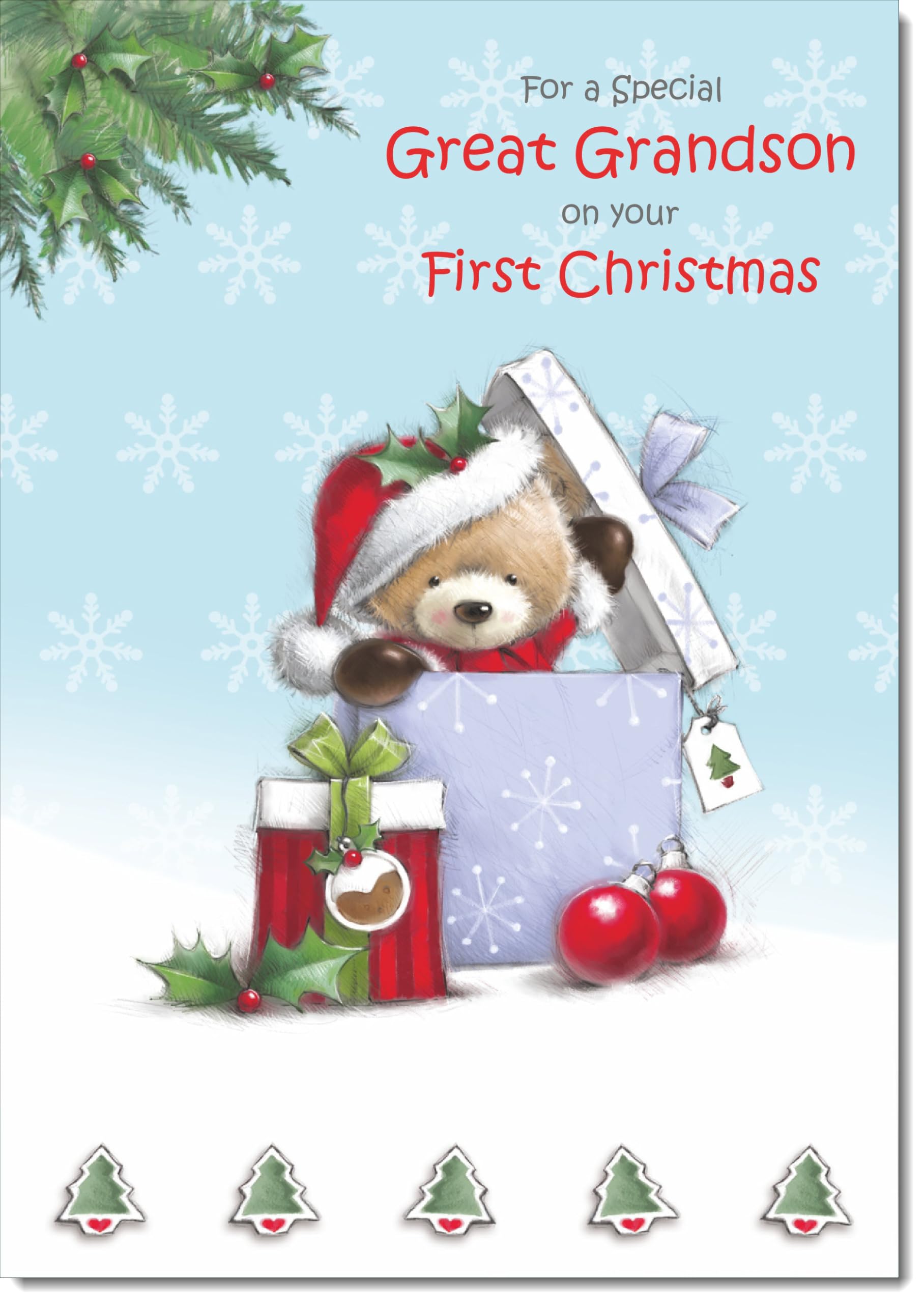 doodlecards Great Grandsons 1st First Christmas Card Cute Bear Parcel Large A4 Size Christmas Card for Great Grandsons 1st with Plain Envelope