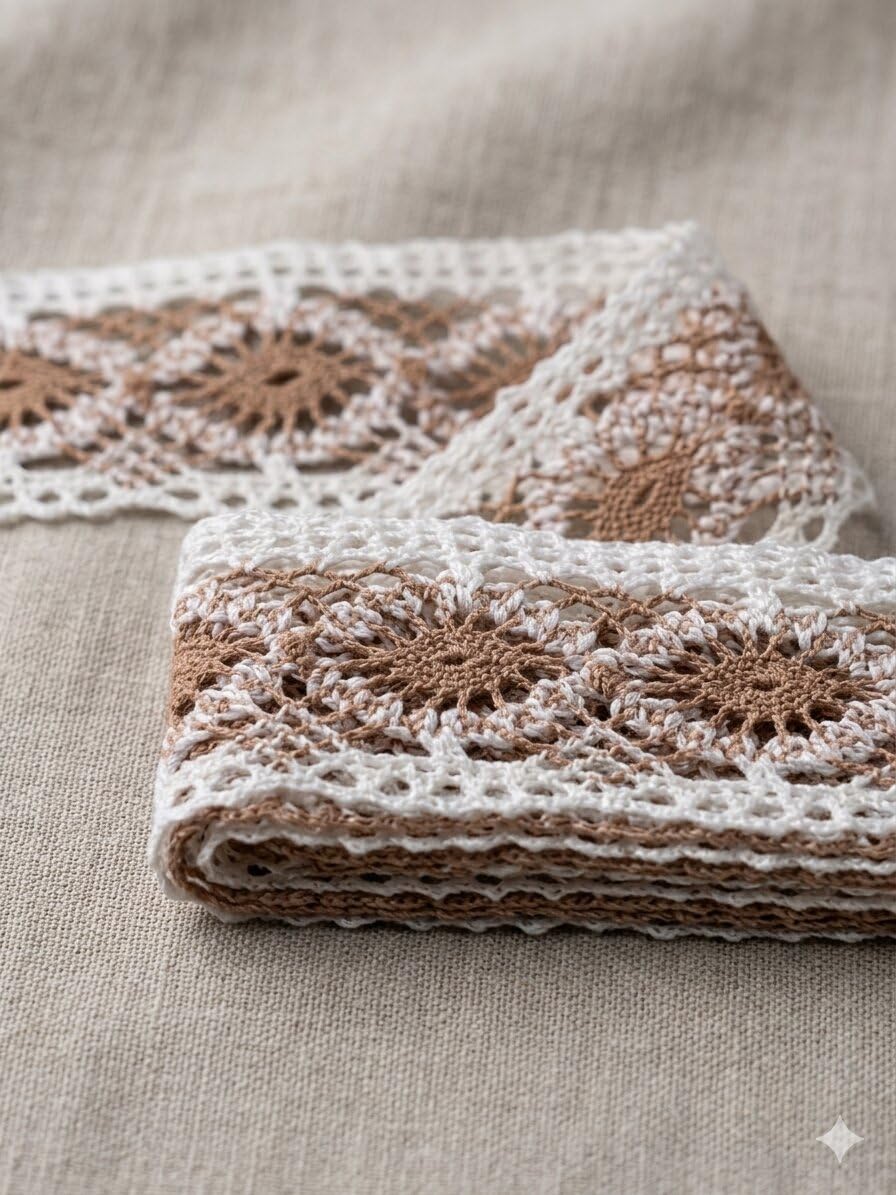 Vintage Boho Crochet Lace Trim, Brown and White Starburst Geometric Design, 3 cm Wide, 9 Metres, Decorative Kinari Border for Saree, Blouse & DIY Crafts-image-47