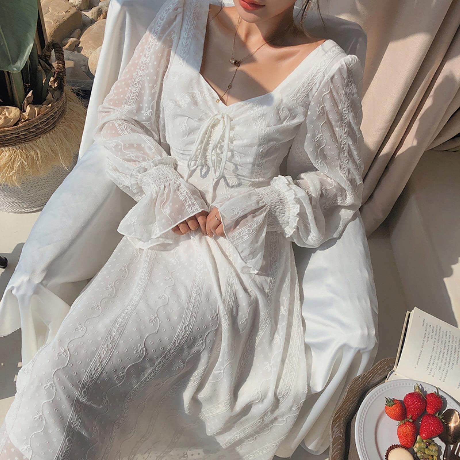 New Retro Fairy Chiffon Long Dress Ladies White Elegant French Party  Mid-length Dress Puff Sleeves Casual Ladies-Apricot,M : Amazon.nl: Fashion