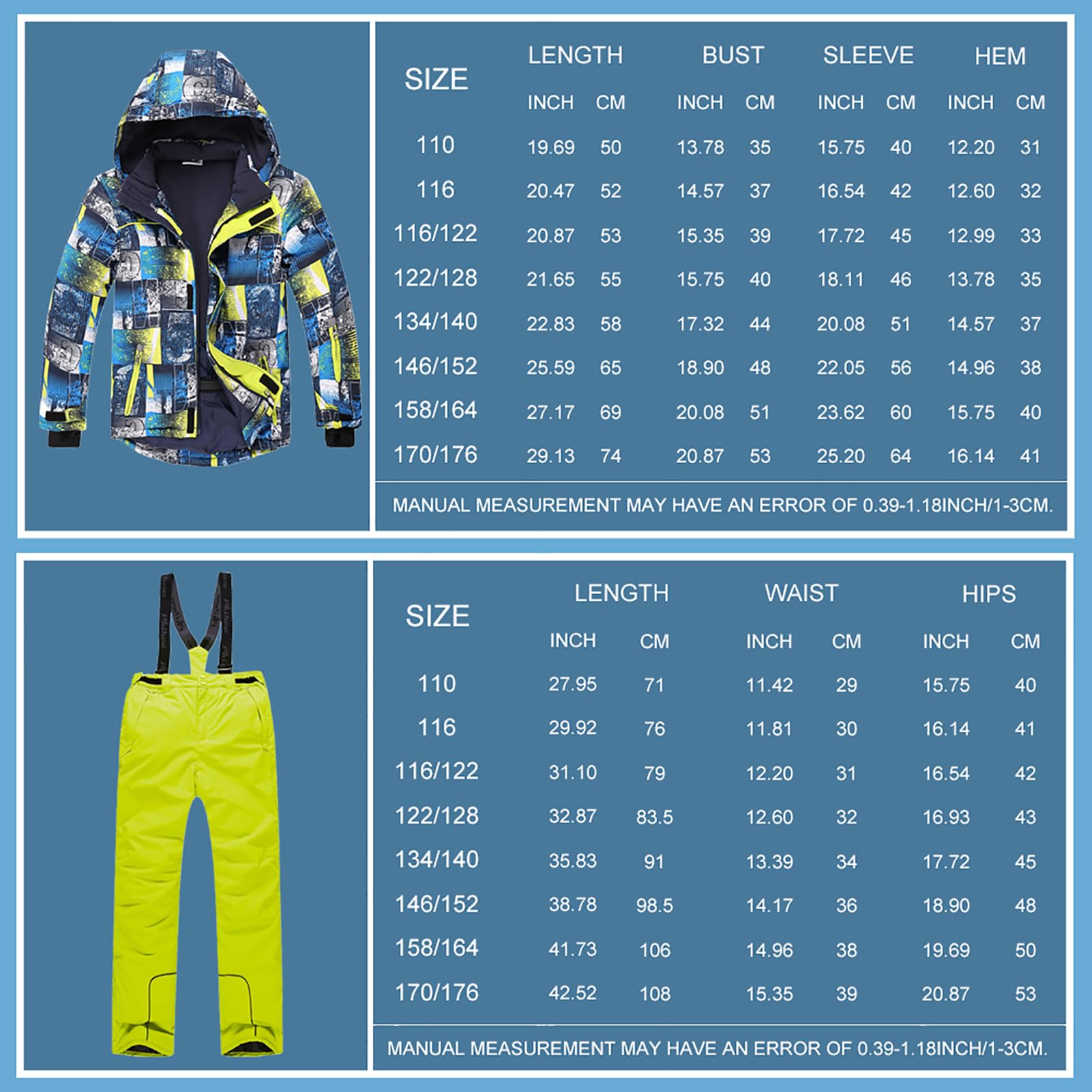 Tuta da Sci Ragazzi e Ragazze Tuta de Neve 2 Pezzi Giacca + Pantaloni Tute de Neve Invernale Antivento Impermeabile