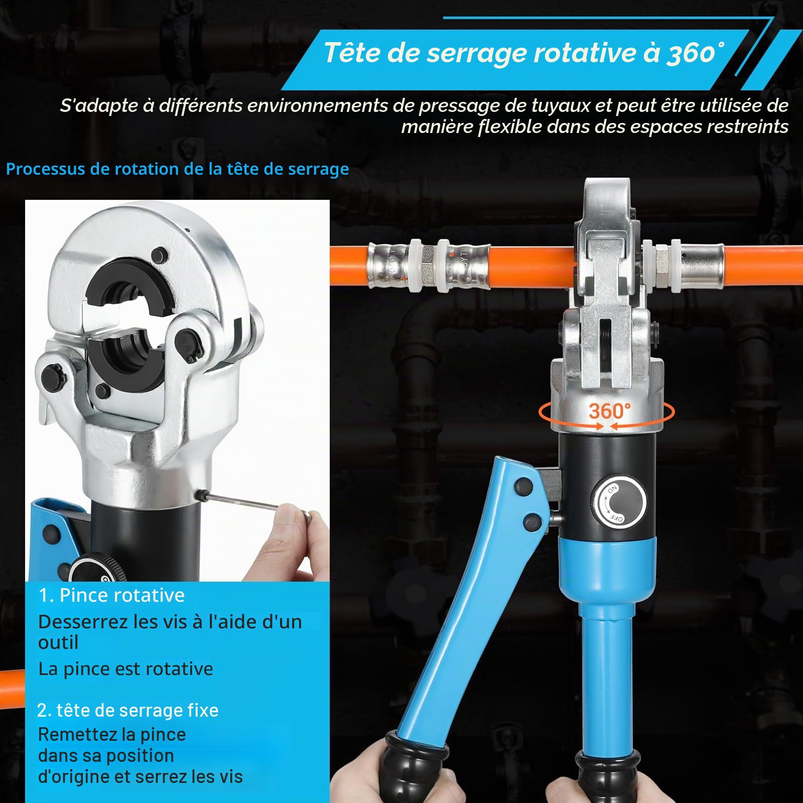 Pince a Sertir Multicouche U,Sortie 8T, Tubes en Aluminium-Plastique/Pex/PB,Pince à Sertir avec Tête Rotative à 360° et Poignée Ergonomique en Caoutchouc,Pour Raccords sur Tubes: U16, U20, U25, U32