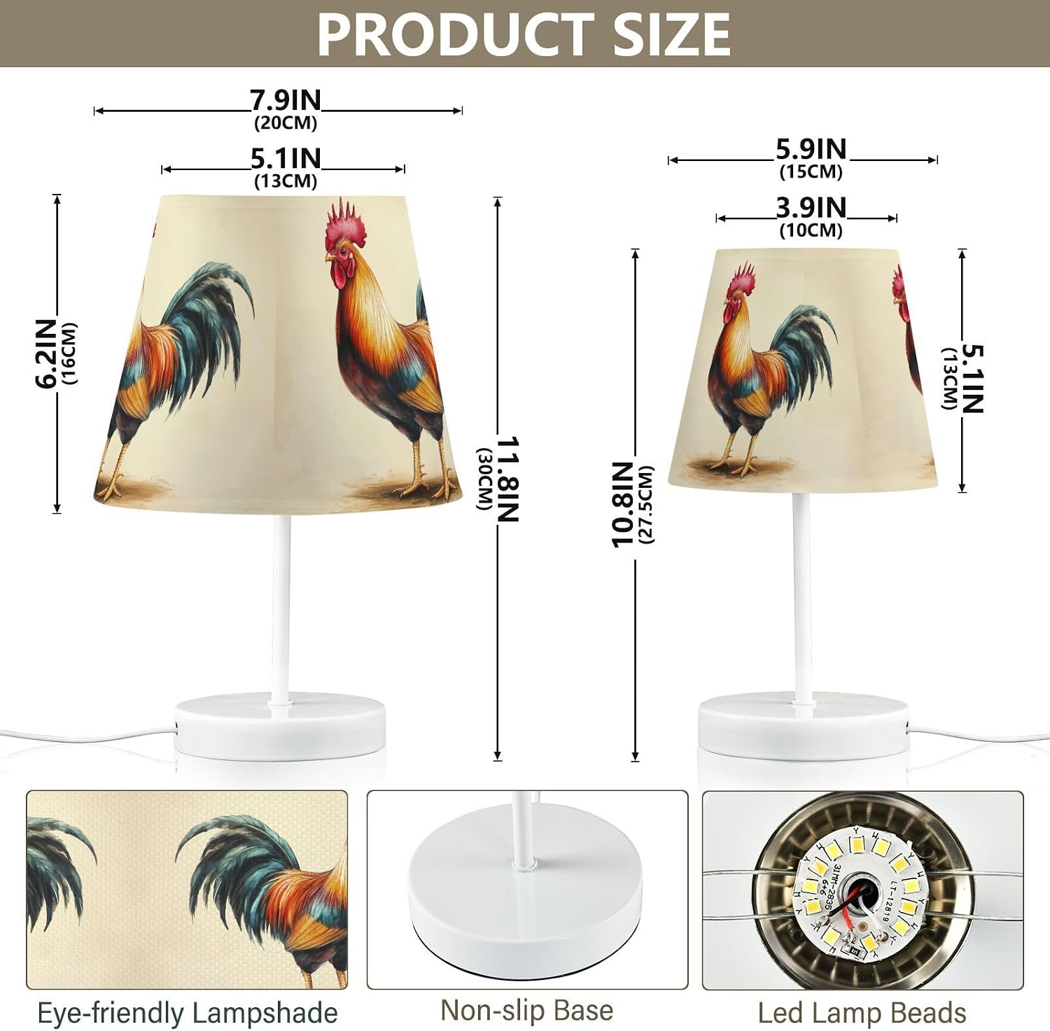 3-Color Dimmable LED Table Lamp, Rooster Vintage Style Linen Shade Large 12" Bedside Nightstand Light with USB Port Gift for Home Desk Bedroom Room Cafe image 4