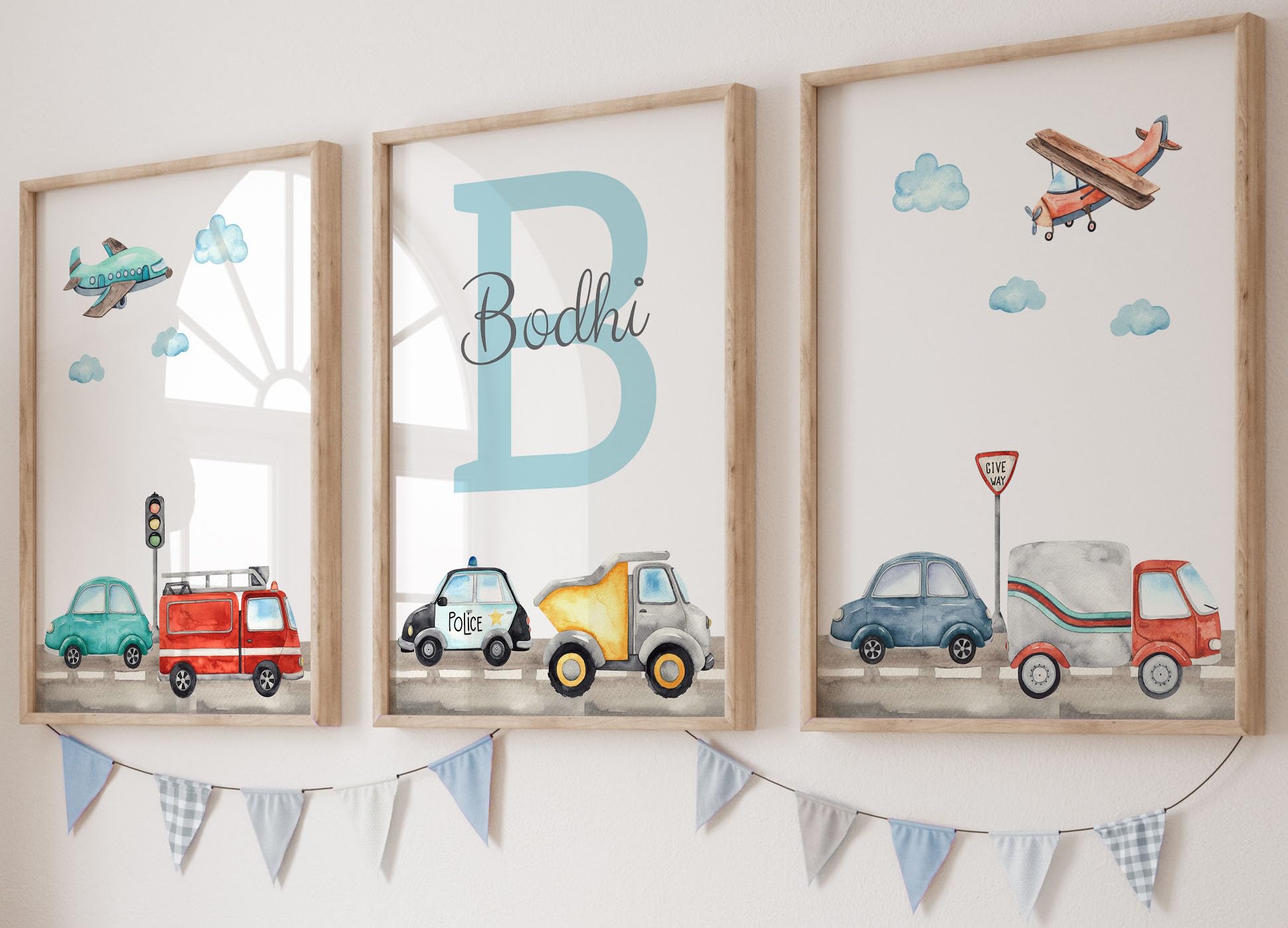 Eviepops Prints Transport Cars and Planes Set of 3 Unframed Poster Prints, Personalised Name for Boy Girl Nursery Bedroom, Wall Art Decor, Cars Police Car Truck Van Planes, Blue Red Yellow (A5) โ image 1