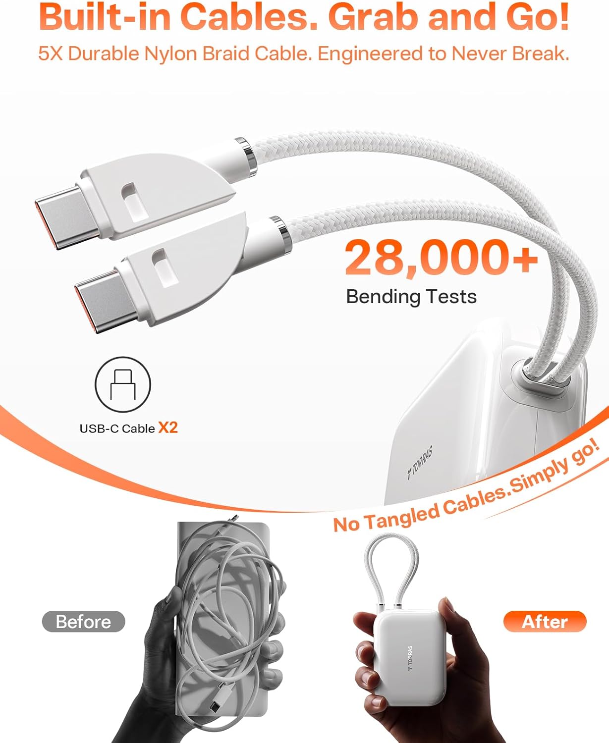 TORRAS EasyGo for iPhone 17 Portable Charger 10000mAh, 45W Ultra-Ice Fast Charging USB-C Power Bank with Dual Built-in Cables, Battery Pack Compatible with iPhone 17/16/15 Pro, Samsung S26 S26+ Ultra