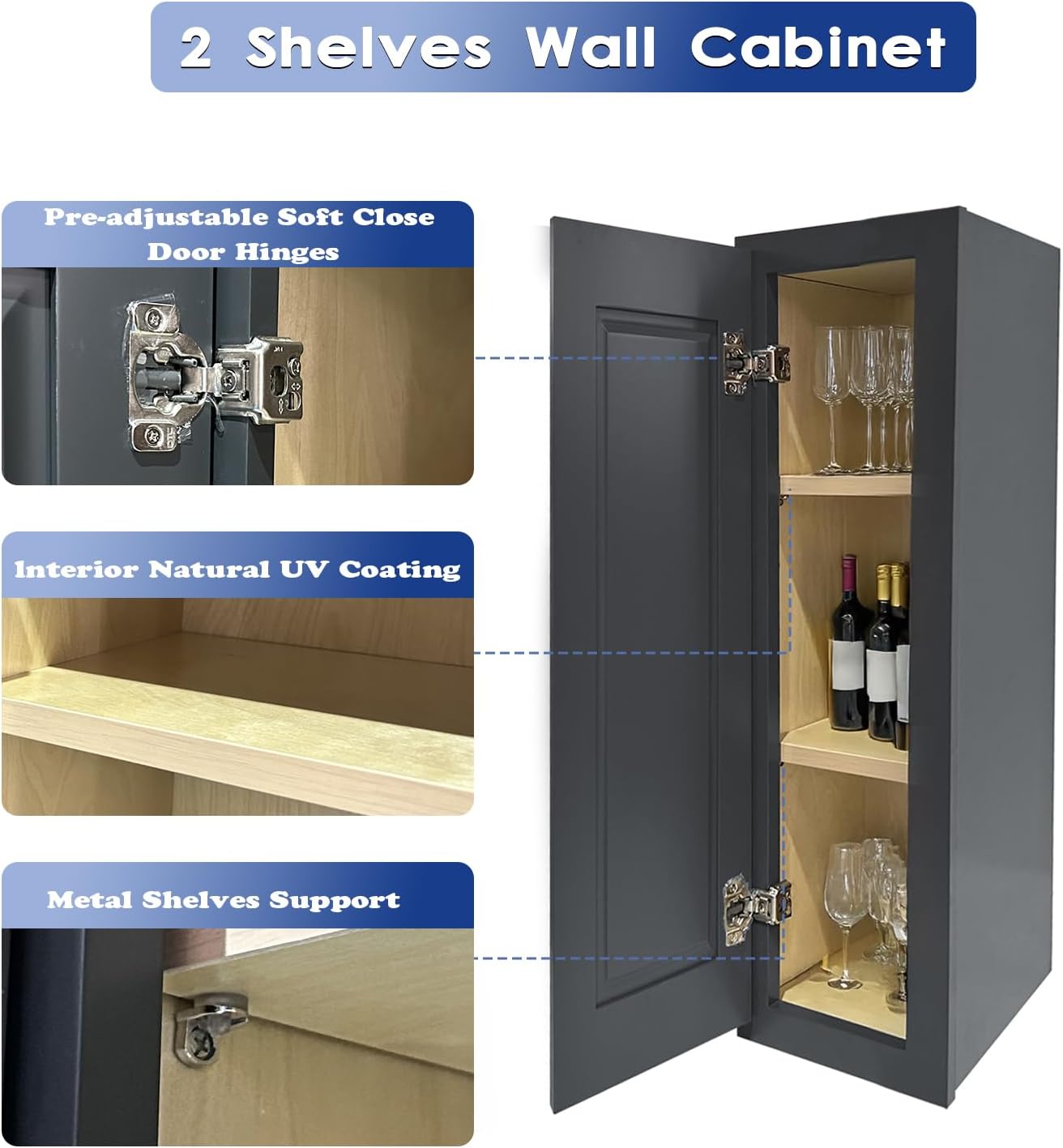 Kitchen Wall Cabinets, Shaker Style Wall Mounted Organizer, Small 9" Wall Cabinet for kitchen, 1 Soft Close Door, 2 Adjustable Shelves, Unassembled, RTA (Graphite Shaker, 12"D X 30"H X 9"W)