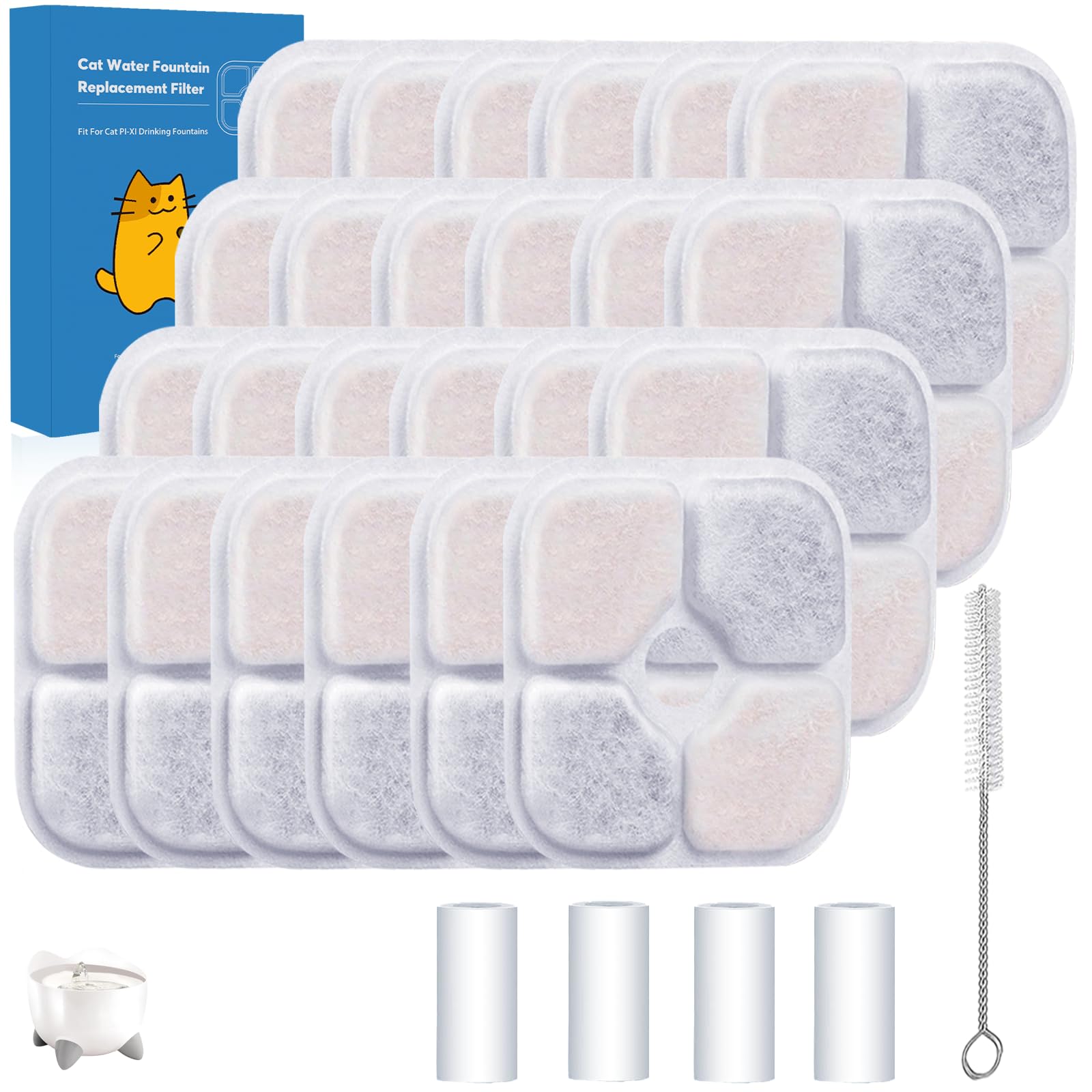 24-Pack Cat Water Fountain Filter Compatible With Cat Pixi Water Fountain Filter Replacement Triple Action Water Filter, 4 Pump Tubes 1 Hard Brush