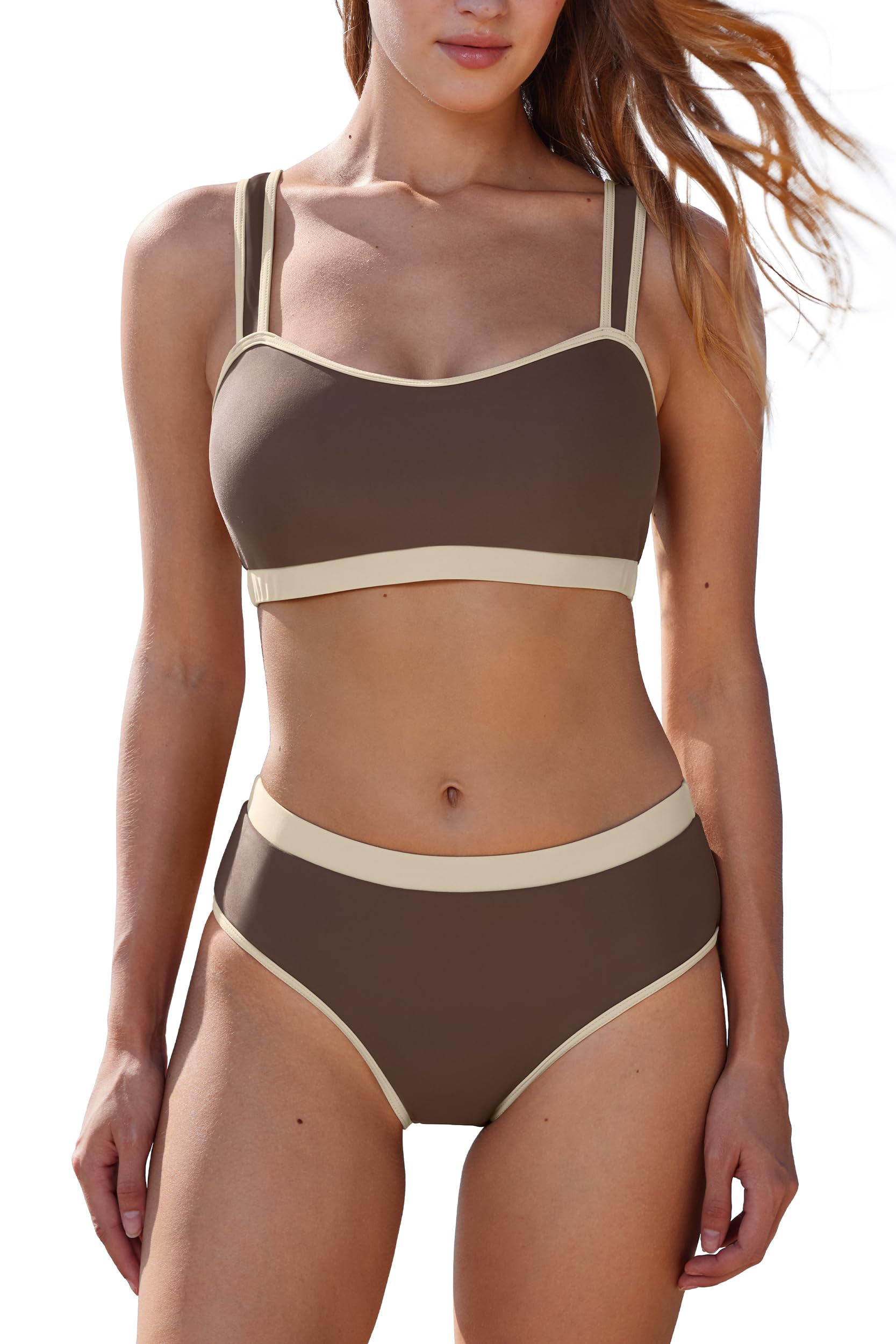MOOSLOVER Conjunto de bikini deportivo con bloques de color para mujer, traje de baño de dos piezas de corte alto