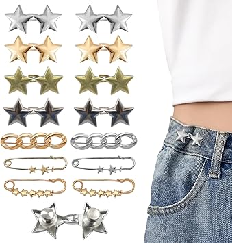 14 Set Pant Waist Tightener Star Buttons Pins for Loose Jeans Reusable Waist Cincher Clip Metal Star Brooch for Clothing Dresses Skirts No Sewing Decoration Accessories