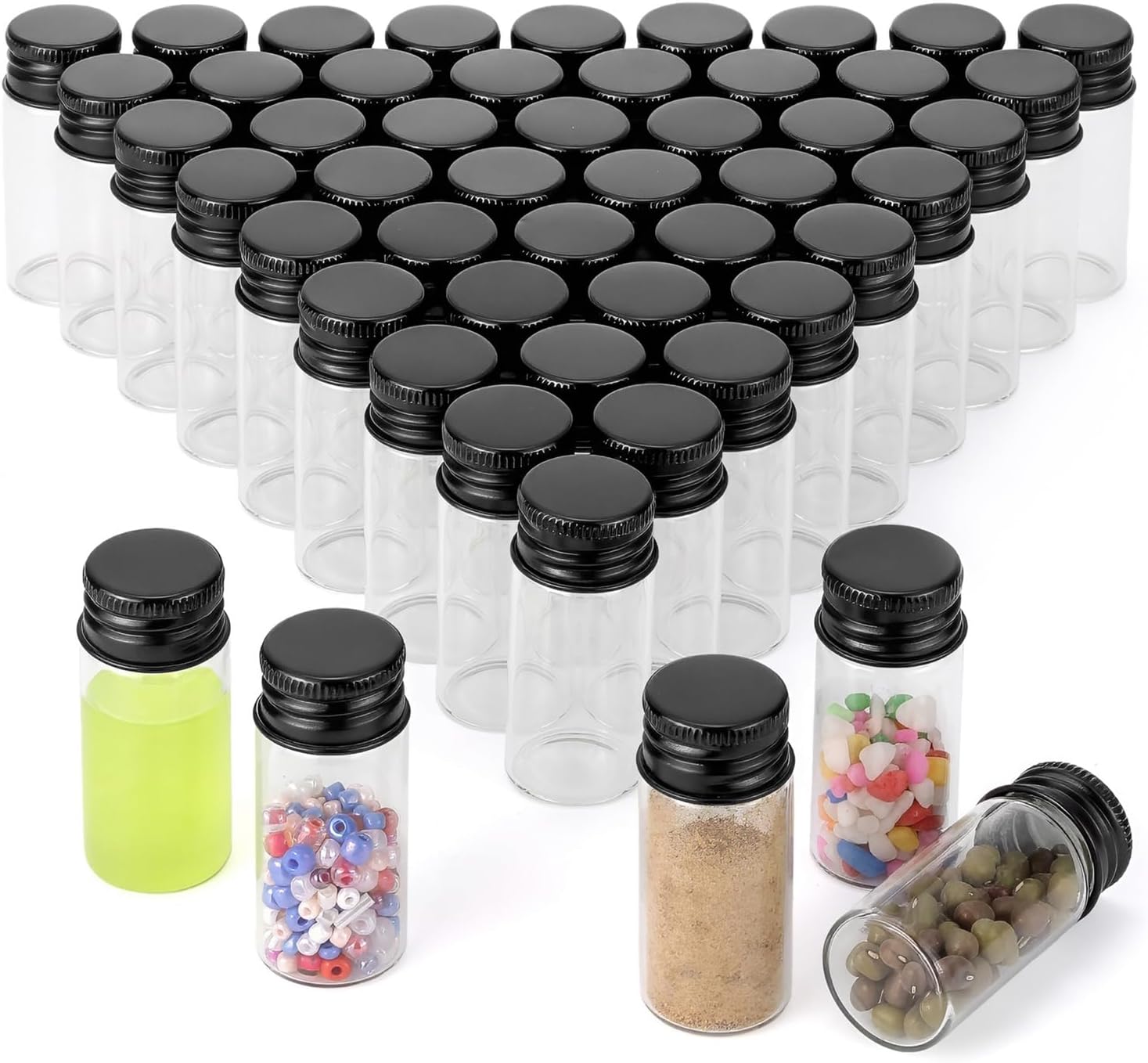 Kesell 10ml Glass Vials with Black Caps, 50-Pack | Clear Glass, Aluminum Lids, Empty Refillable, Tiny Jars, for Essential Oil, Wedding Favors, Jewelry, DIY Crafts, Samples