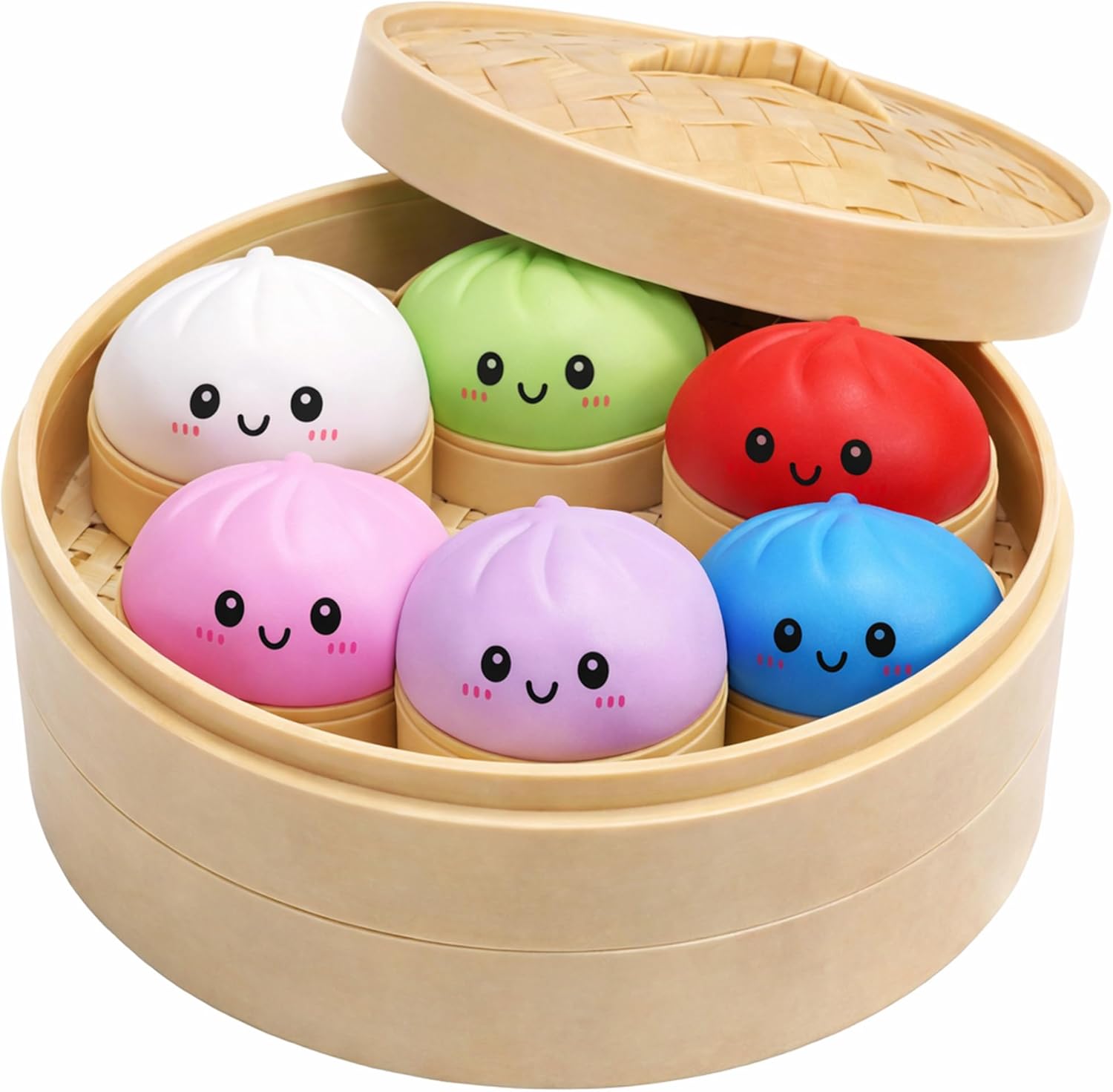 Cute Dumpling Squishy Gift Set – 6 Color Jumbo Kawaii Stress Relief Toys in Bamboo Steamer, Soft Sensory Fidget for Birthday (6Pcs)