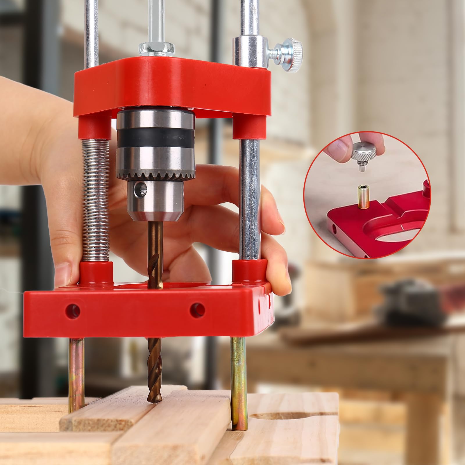 Support de perçage pour perceuse, gabarit de perçage réglable portable, outil de précision pour travail du bois, ensemble d’outils de guidage manuels verticaux (Rouge)