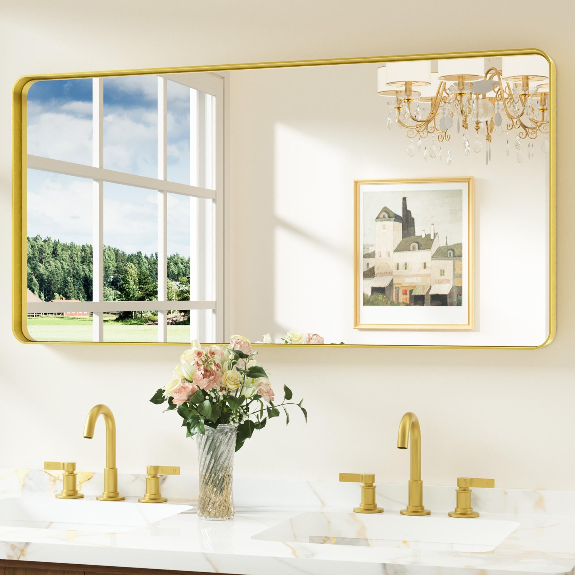 Keonjinn Gold Rectangular Bathroom Mirror 120x60cm, Wall Mirror Aluminium Metal Frame HD Glass Vanity Mirror for Bedroom Living Room Entryway Home Decor