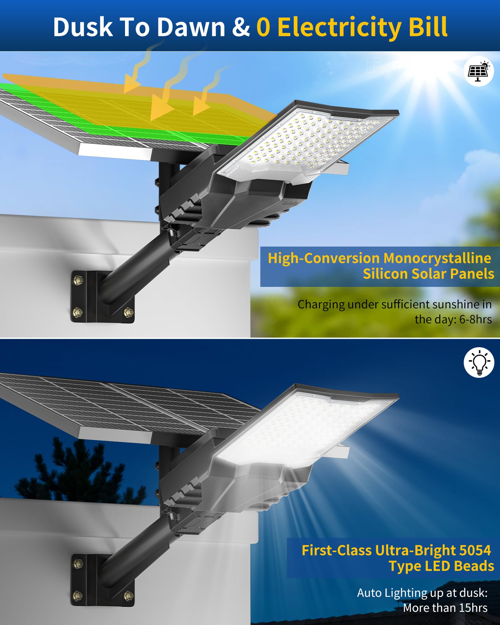 Gefolly SL-9000W Farolas Solares Exteriores, 6500K Potente Focos LED Solar con Control Remoto,IP67 Impermeable Luz Solar Exterior Lampara Solar Jardín para Garage Patio