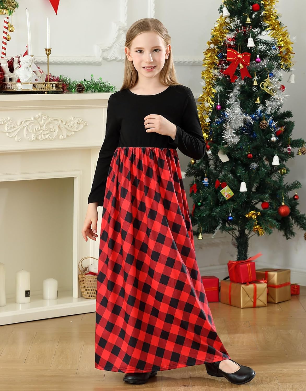 KYMIDY Girls Maxi Dress Kids Buffalo Check Plaid Long Sleeve Casual Dresses with Pockets for Girls 6-14 Years - Image 5