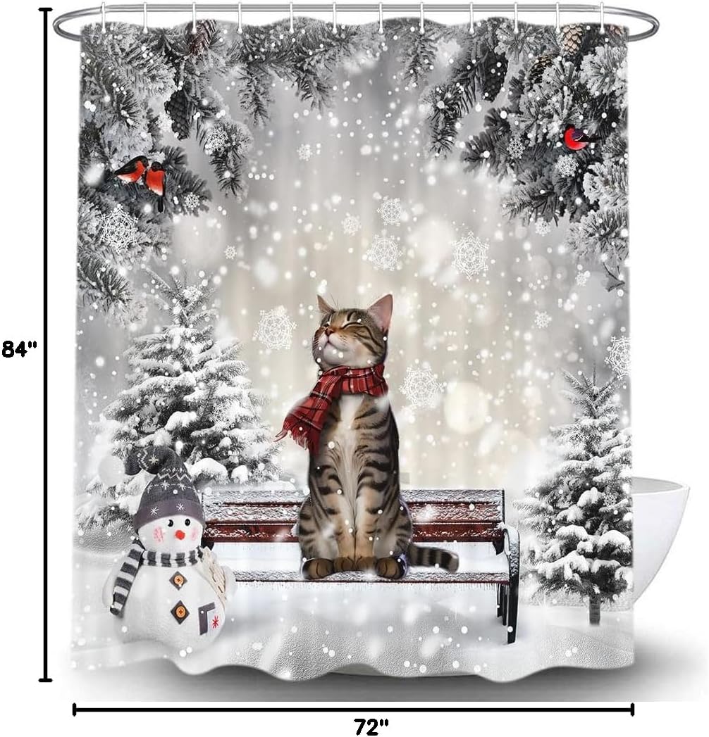 Torich Winter Christmas Shower Curtain, Cute Cat Snowman Snowflake Holiday Scene Shower Curtains for Bathroom, Pine Tree Covered Snow Fabric Bath Curtains Set with Hooks,72x84 Inches
