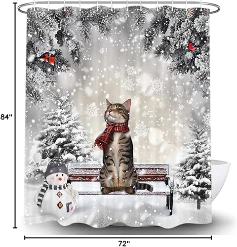 Miniatura 7 de Cortina de ducha de invierno de Navidad, lindo gato, muñeco de nieve, copo de nieve, cortinas de ducha para baño, juego de cortinas de baño de tela