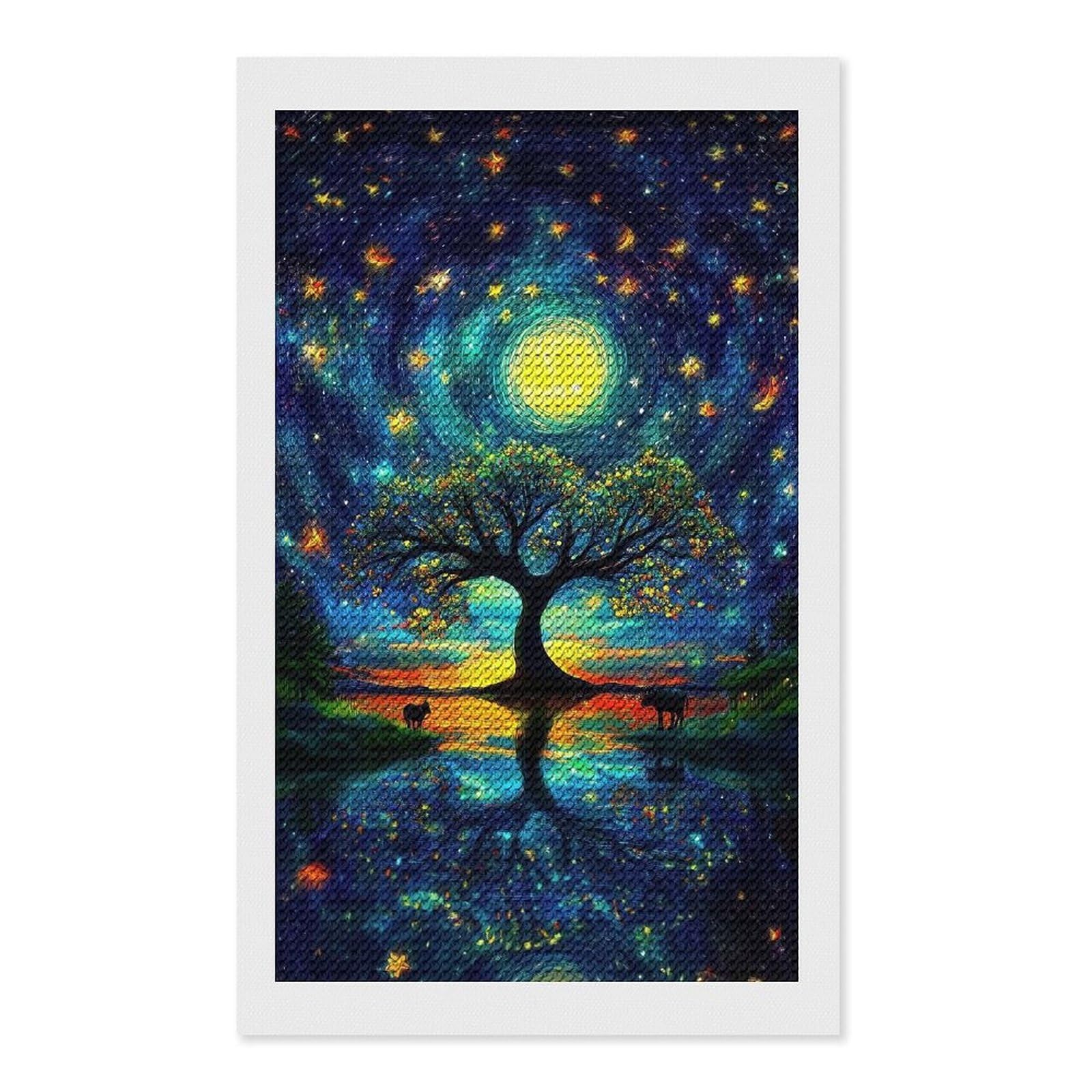Junmoney Starry Night Tree DIY Diamond Art Canvas Kit 12"x20", Farmhouse Decor, Vintage Style Decor, Handmade Wall Decor, Canvas Picture