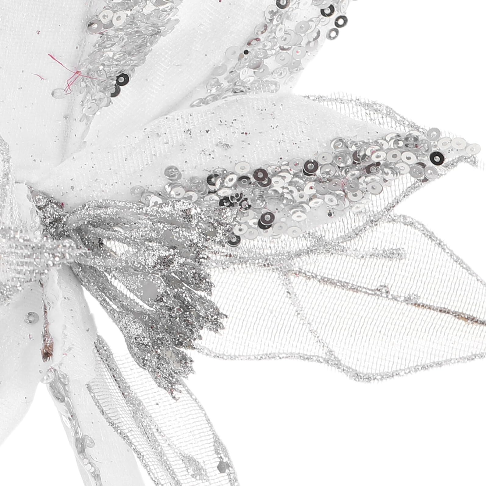 GARVALON 6 Stück Silberne Poinsettia Weihnachtsblumen Künstliche Glitzerornamente mit Stiel für Weihnachtsbaum Weihnachtskranz Neujahrsdeko Hochzeit Festliche Blumendeko