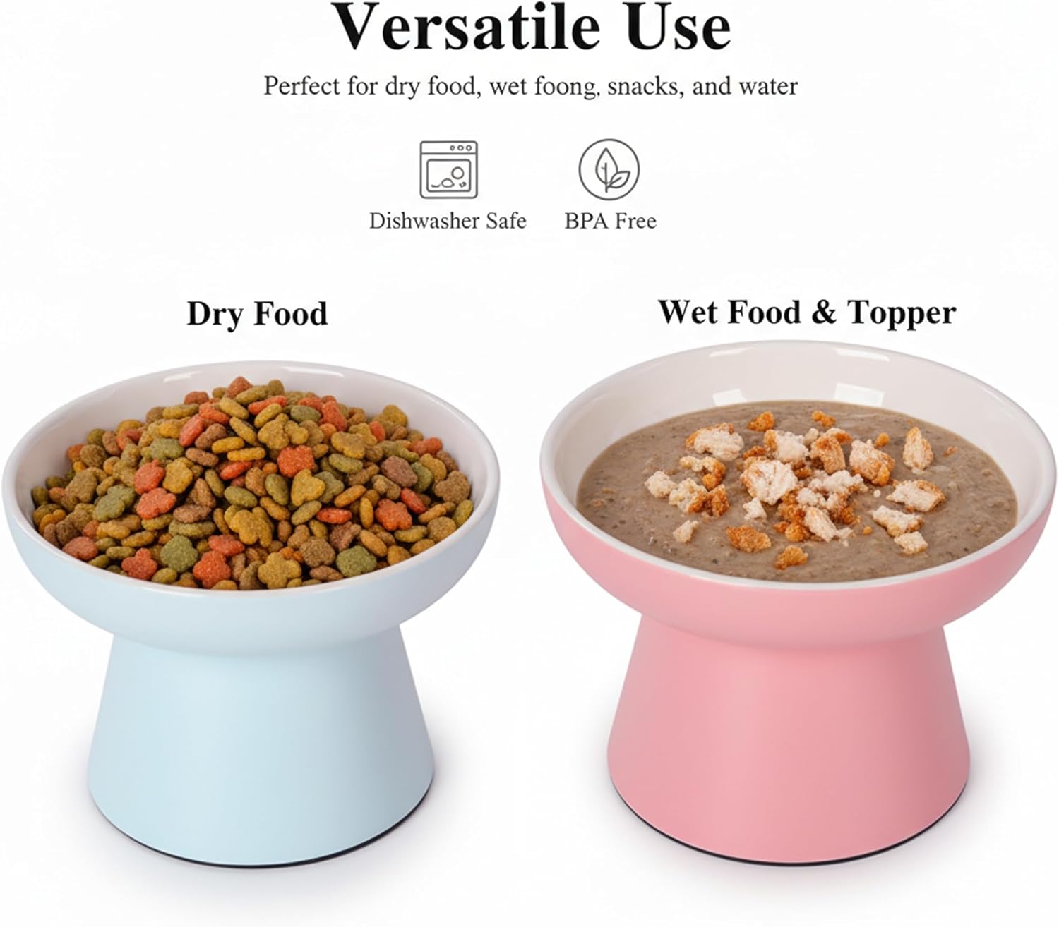 Elevated Cat Food Bowls 2 Pack,Ceramic Raised Cat Bowls with Non-Slip Base,Whisker Friendly Shallow Design for Dry & Wet Food,Anti-Vomiting Cat Feeder,Dishwasher & Microwave Safe (Pink&Blue)