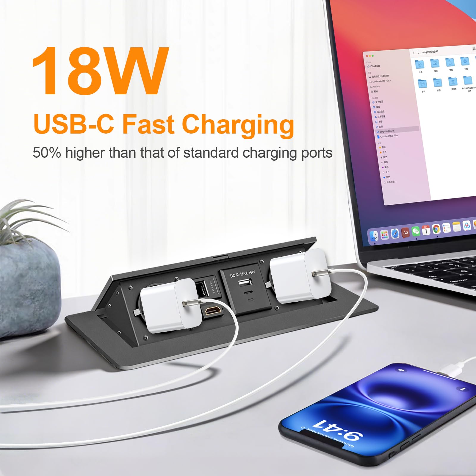 Prise escamotable avec couvercle, 2 prises Schuko, USB-A & USB-C, connecteur RJ45 et HDMI 2.0, câble de 1,5 m, idéal pour bureau, table de conférence, cuisine et bureau à domicile