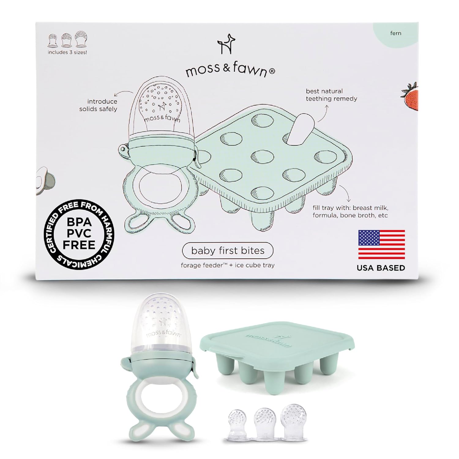 Moss and Fawn Baby's First Bites Bundle - Silicone Frozen Breast Milk Popsicle Kit with Forage Feeder & Teething Popsicle Ice Cube Tray - BPA, PVC, & Lead-Free - Fern